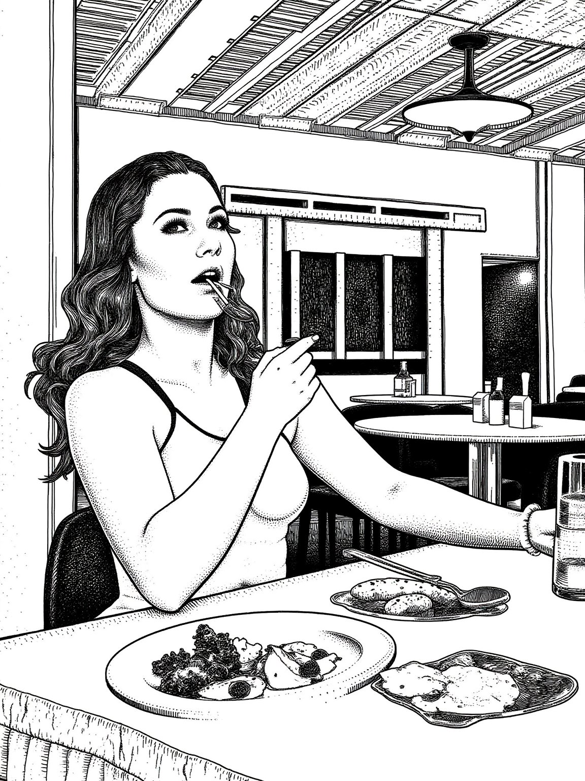 @p0ll0n1@,  ink pen sketch of girl eating in the restaurant,  foods on the table by aimann on Tensor.Art