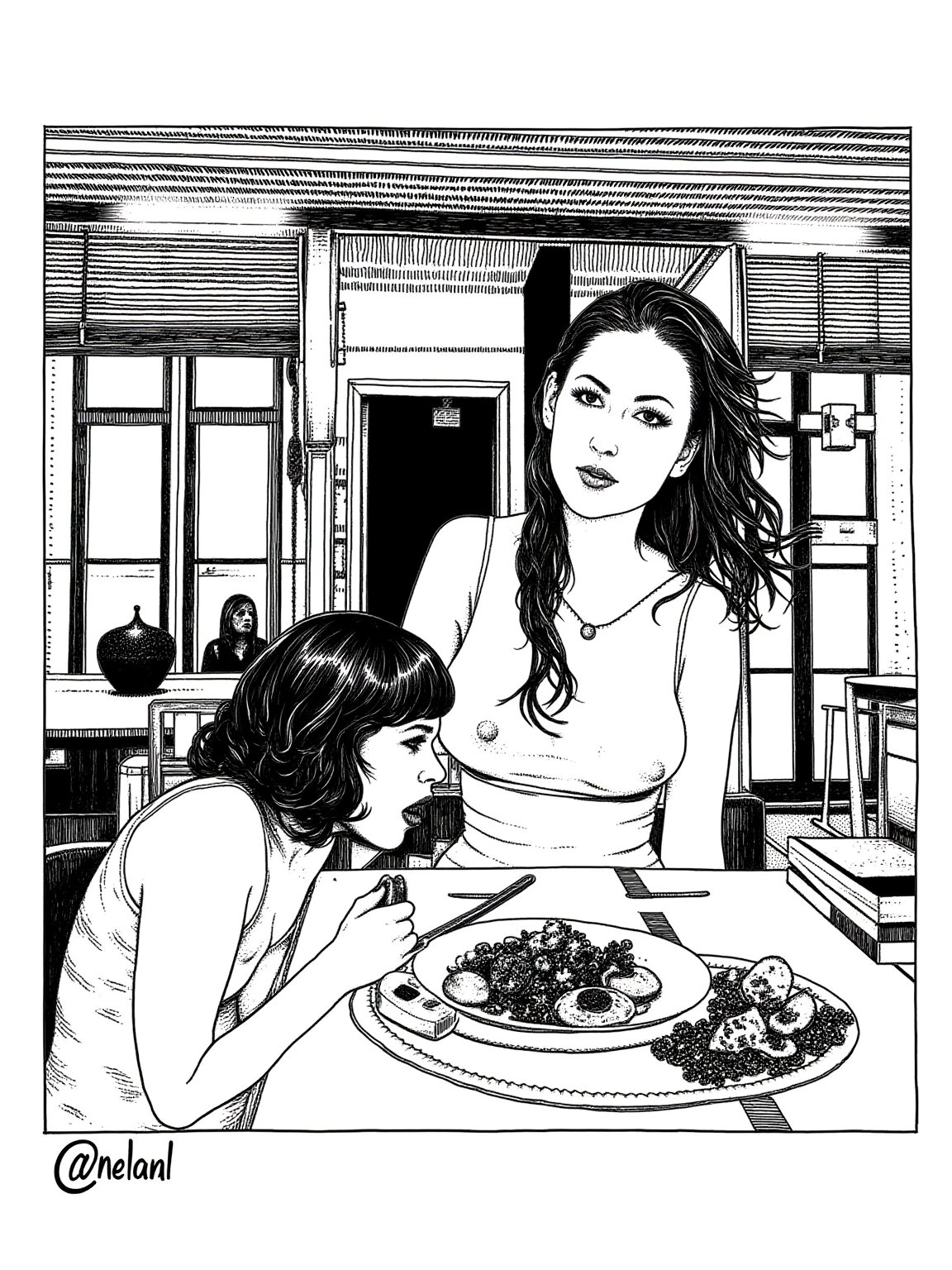 @p0ll0n1@,  ink pen sketch of girl eating in the restaurant,  foods on the table by aimann on Tensor.Art