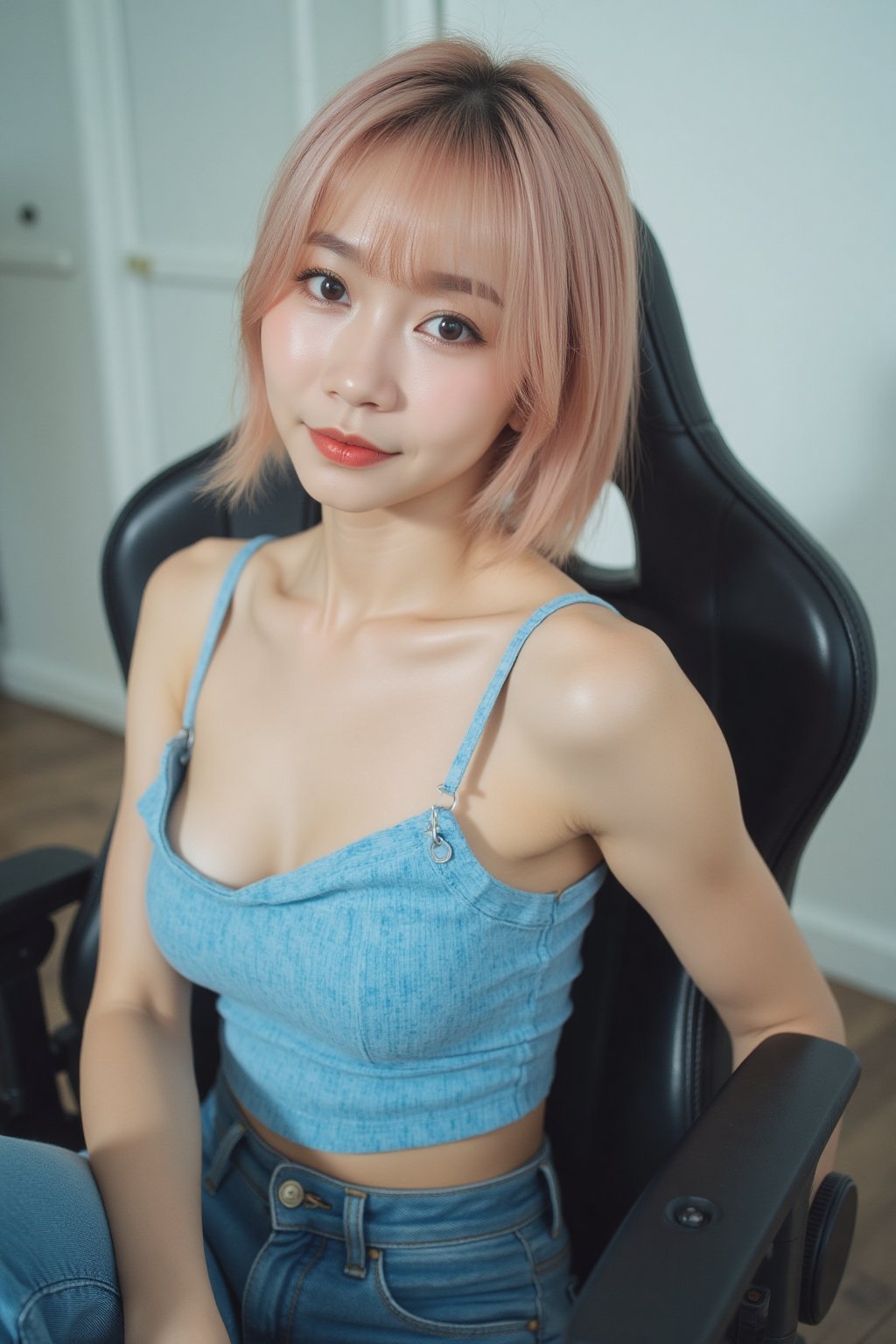 The image shows a young asian woman sitting on a gaming chair. The chair has a black frame. She is wearing a sleeveless,...