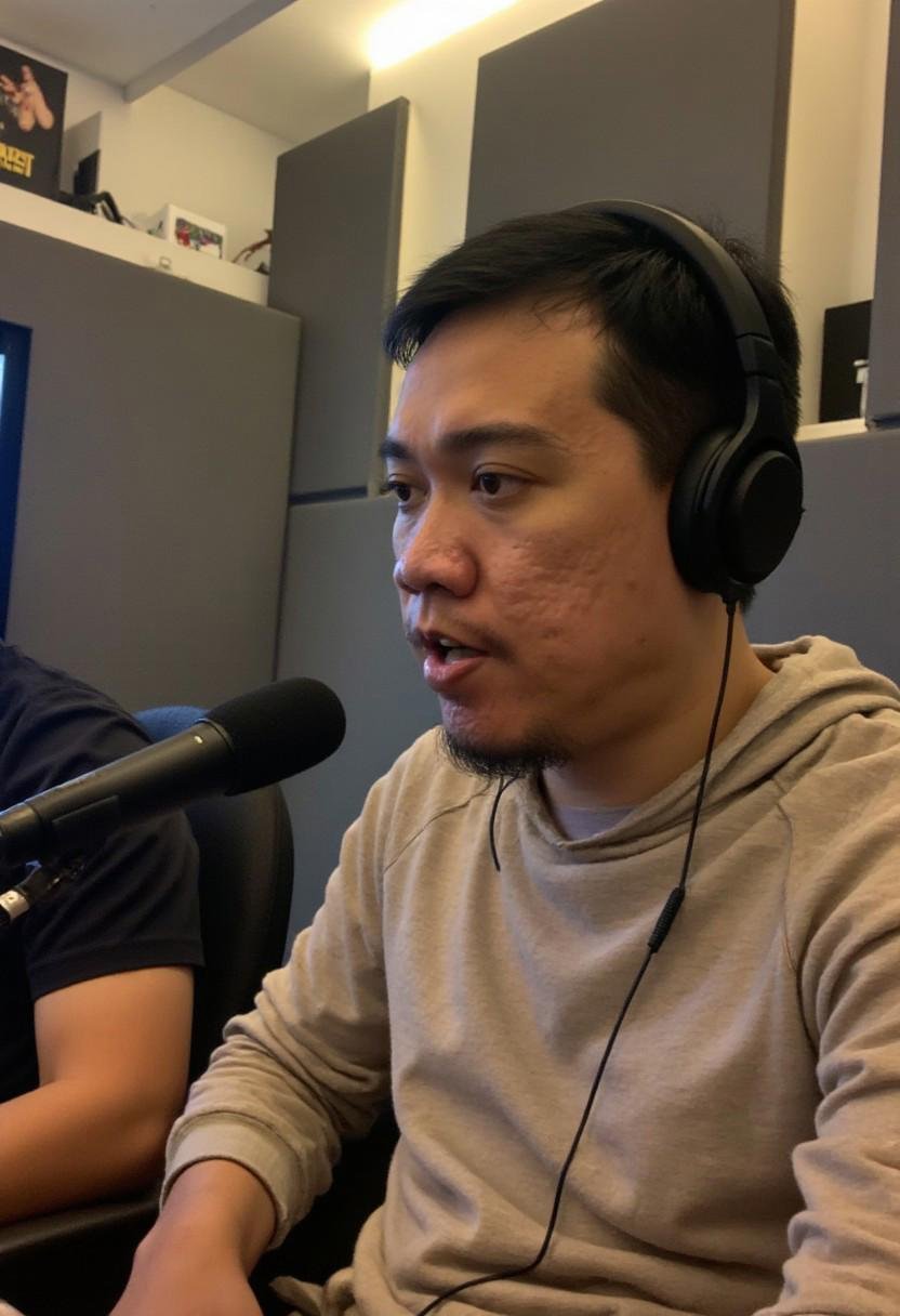 Realistic portrait of a man in his late twenties,  South Asian features,  seated in a modern podcast studio. He’s wearing...