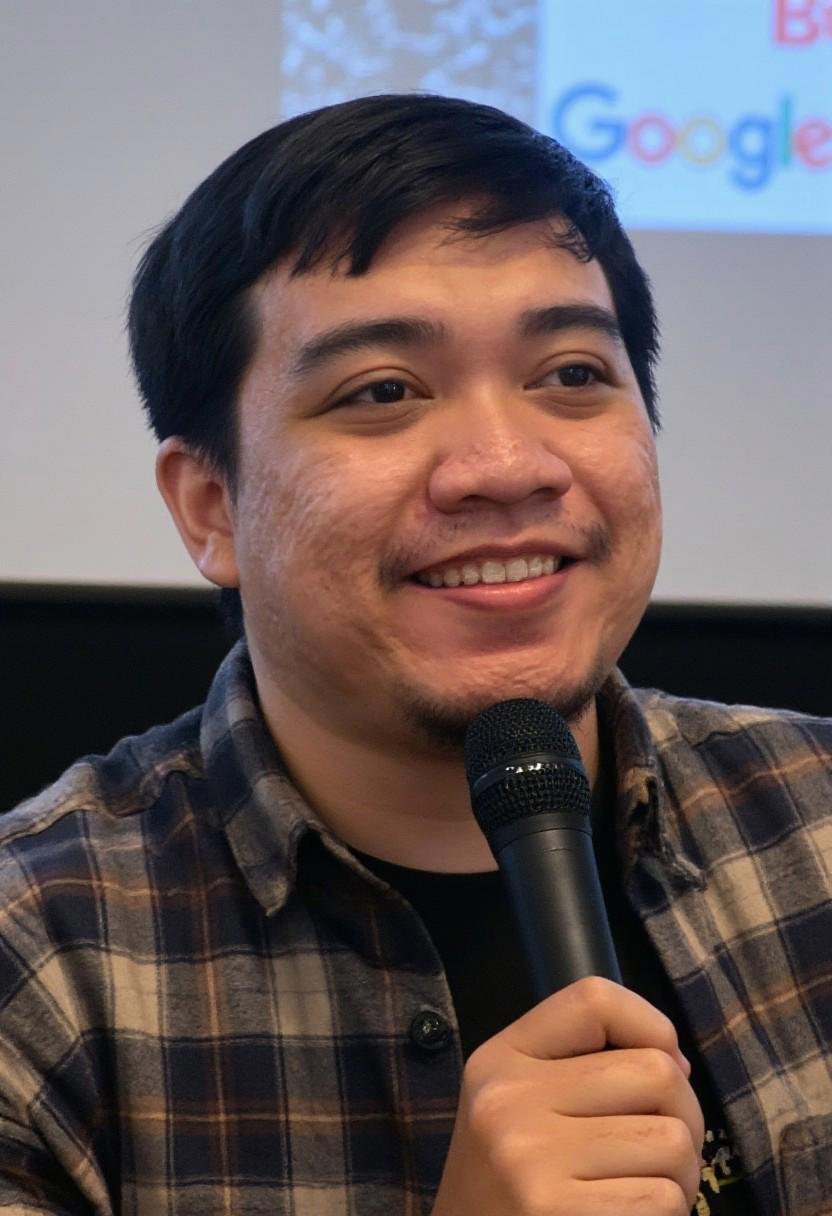 Photorealistic image of a young South east Asian man in his early twenties,  captured mid-shot while speaking into a micro...