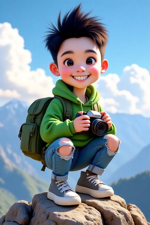 photograph caricature big head-style,  cute Asian teenage boy,  short spiky black hair by L42MHRANI on Tensor.Art