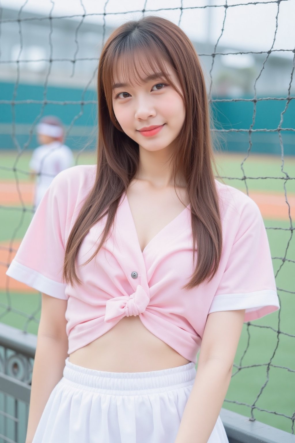 The image shows a young asian woman standing in front of a net,  with a baseball field in the background. She is wearing a...