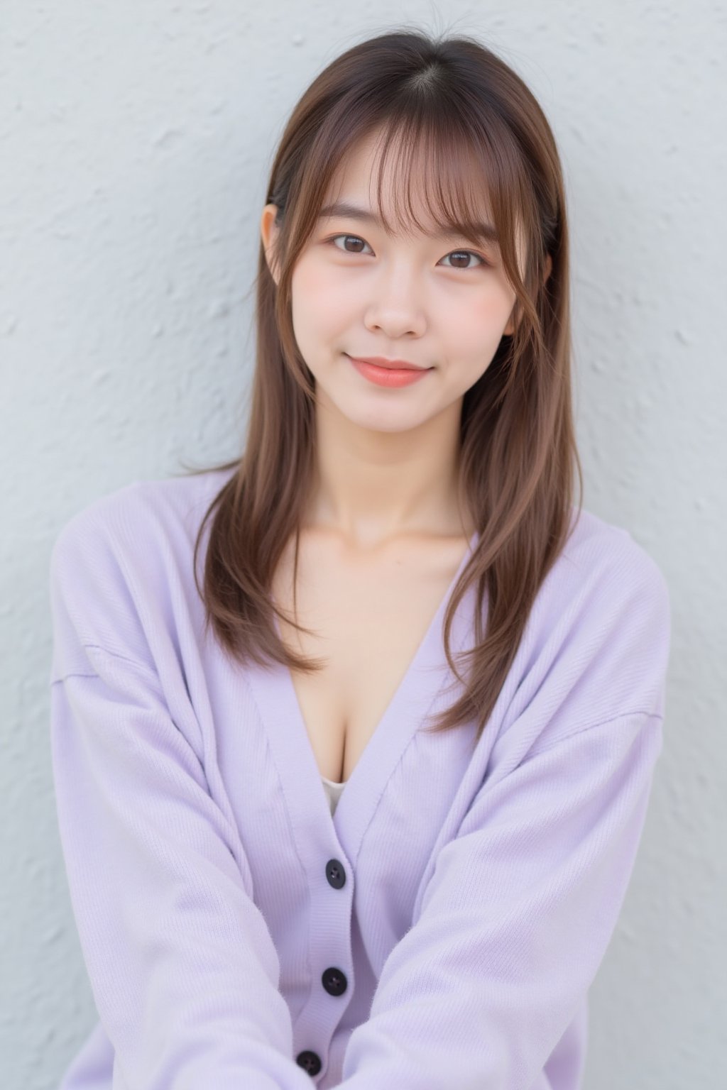 The image shows a young asian woman wearing a light purple cardigan with buttons and a low-cut design. The background is a...