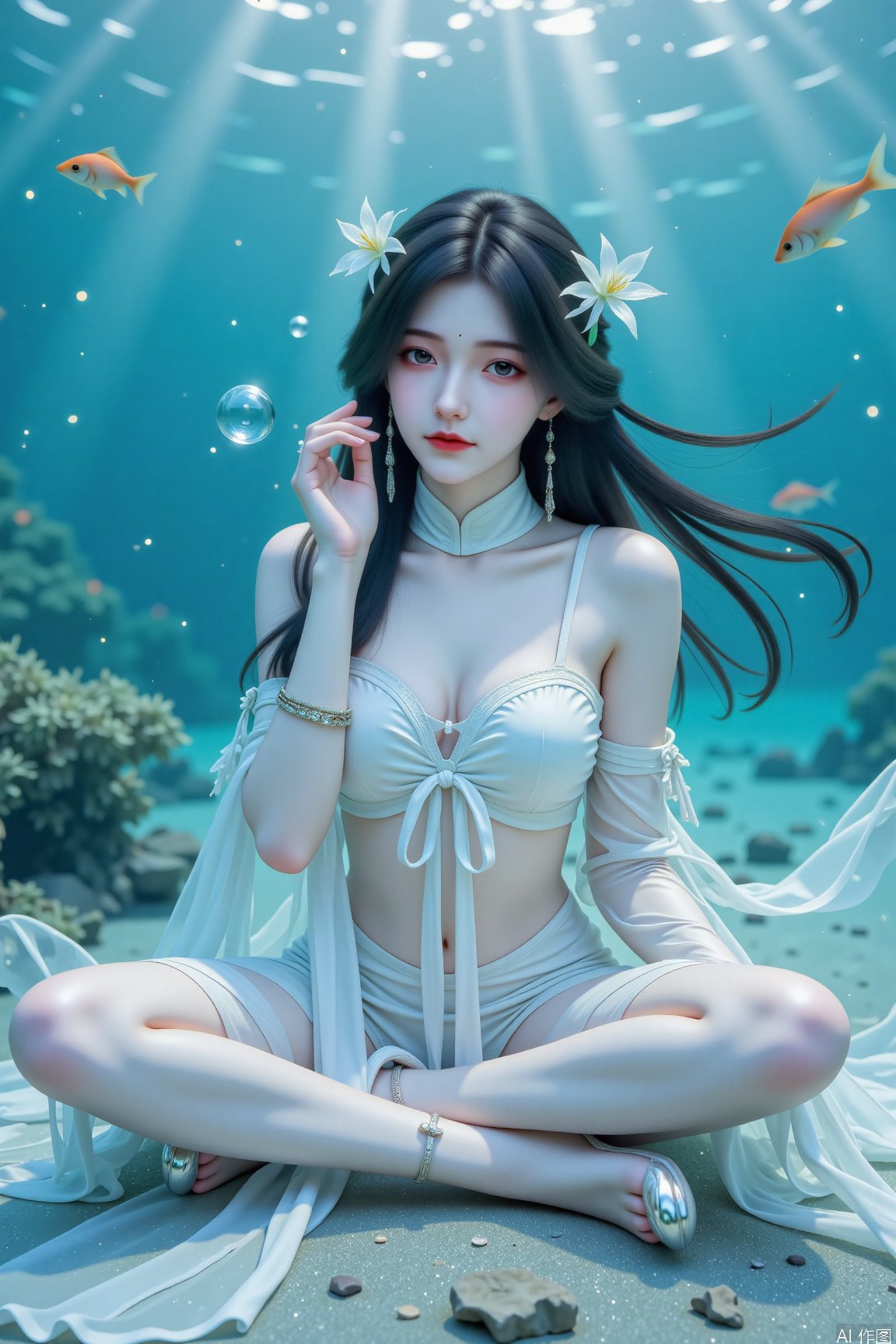 A serene underwater scene: a stunning girl with long black hair adorned with a hair ornament sits cross-legged on the seaf...