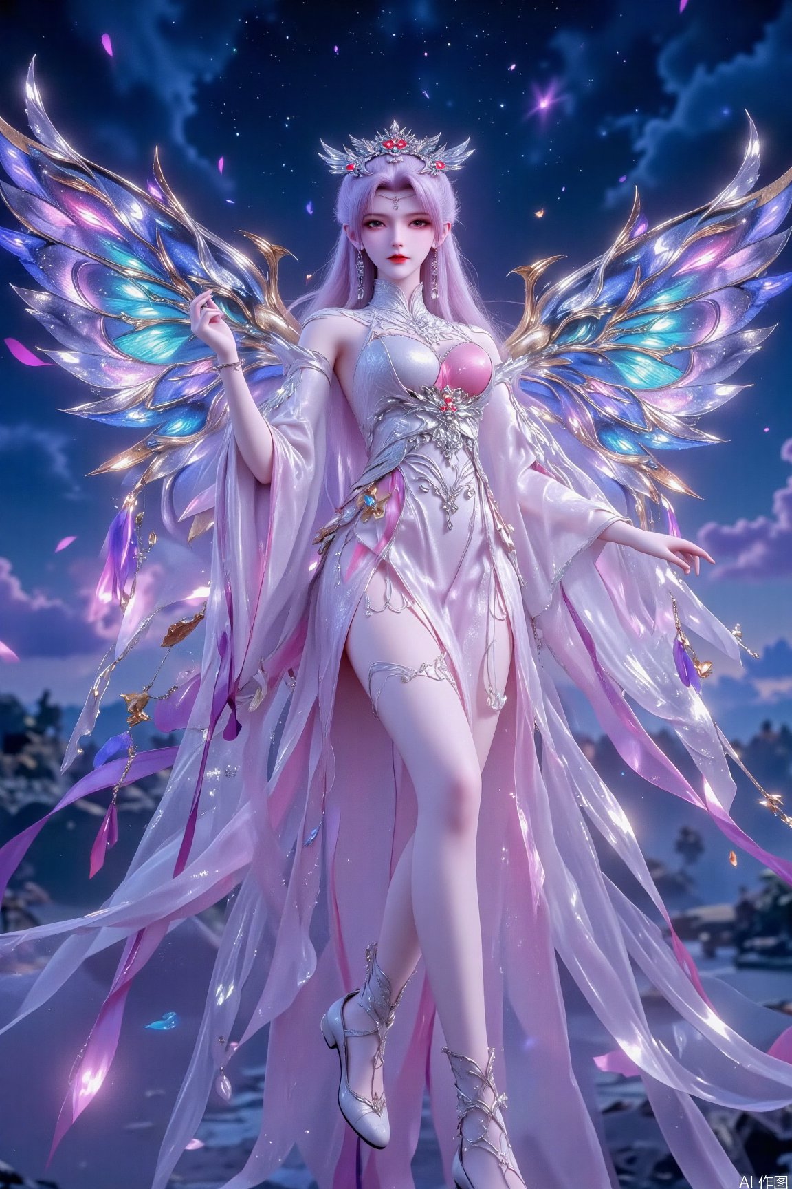 A girl has long pink and blue hair with long pink and blue hair hanging down,  with exquisite butterfly-shaped hair access...