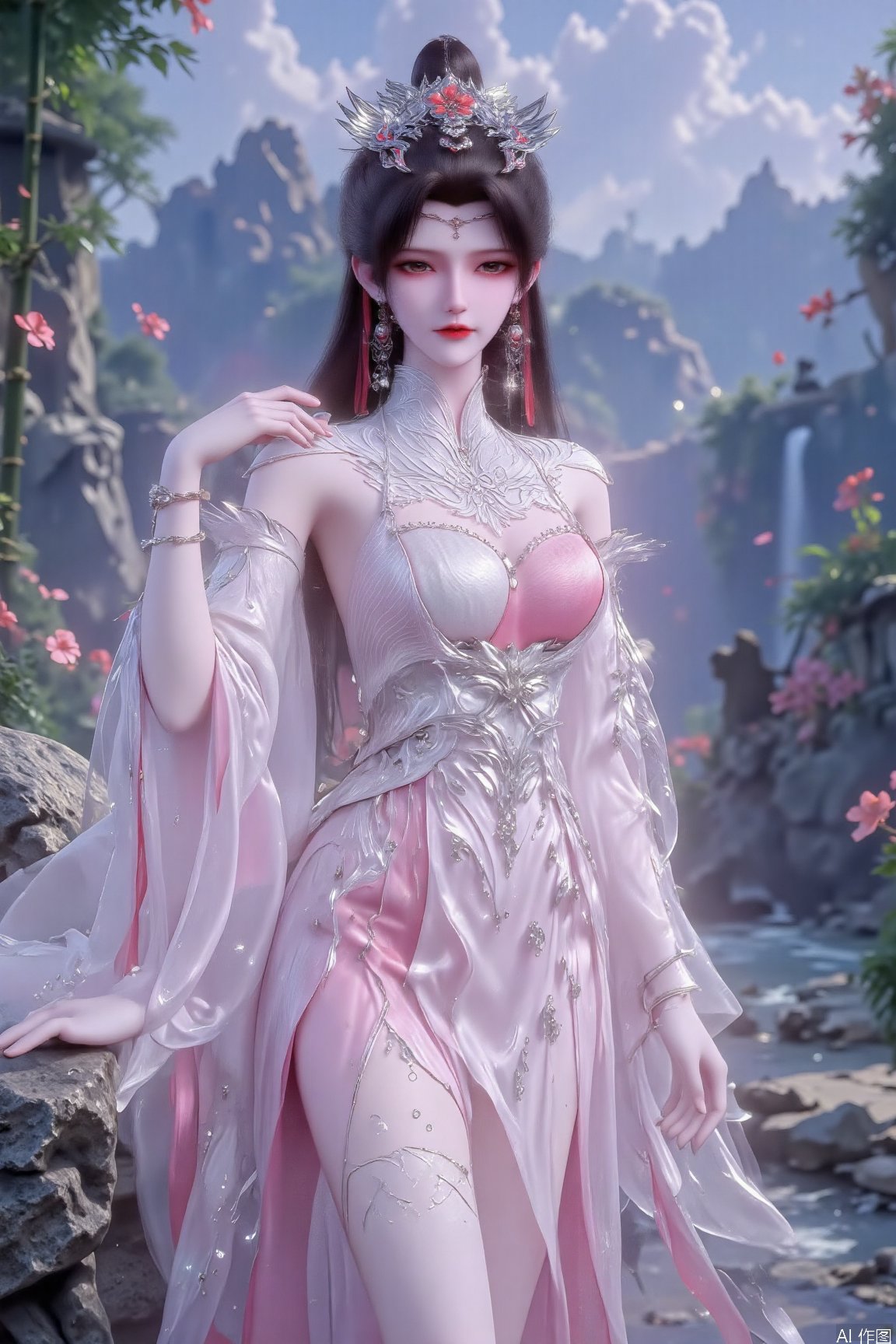 A romantic landscape: a young woman stands against the backdrop of a lush valley,  surrounded by majestic mountains,  glis...