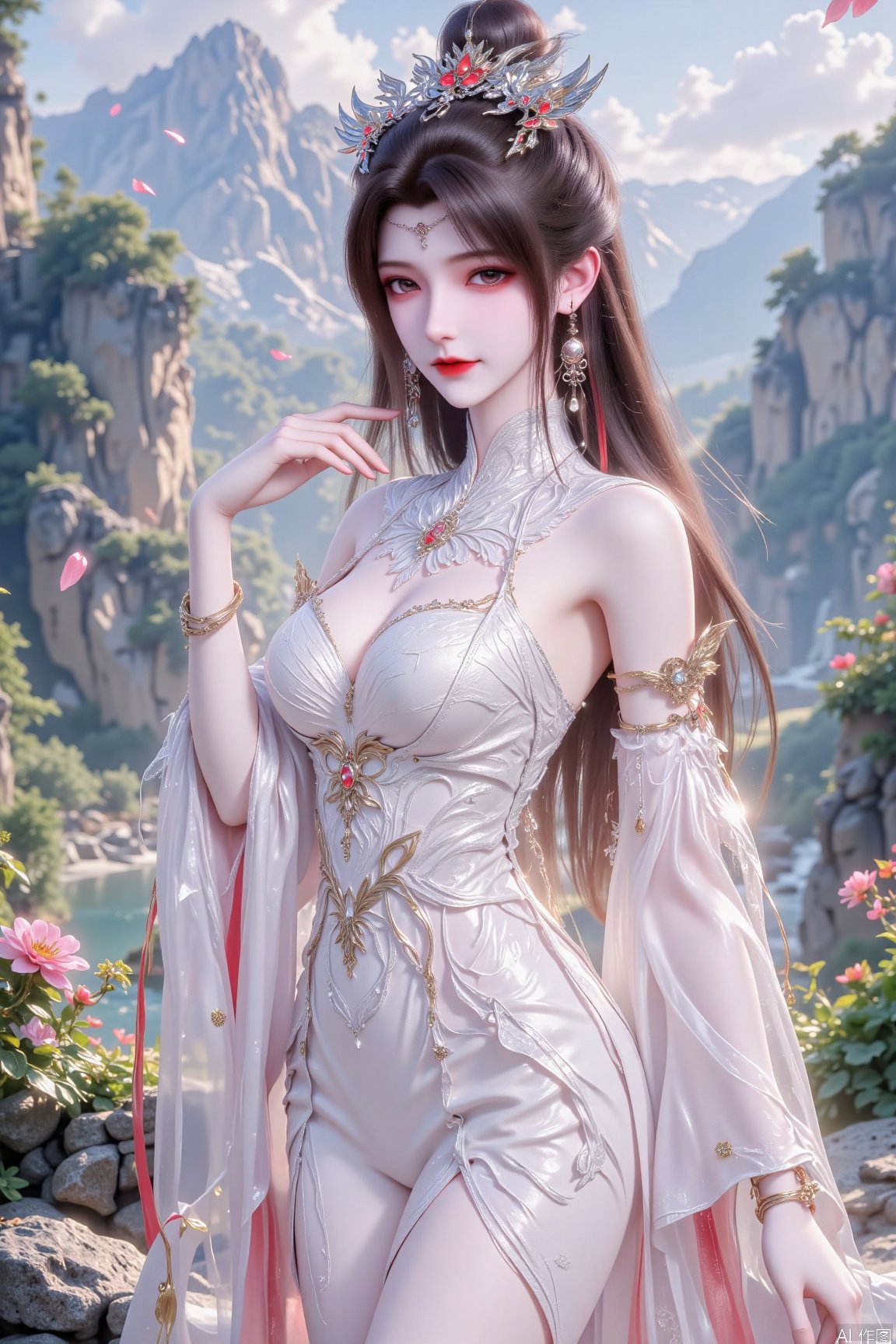 A romantic landscape: a young woman stands against the backdrop of a lush valley,  surrounded by majestic mountains,  glis...