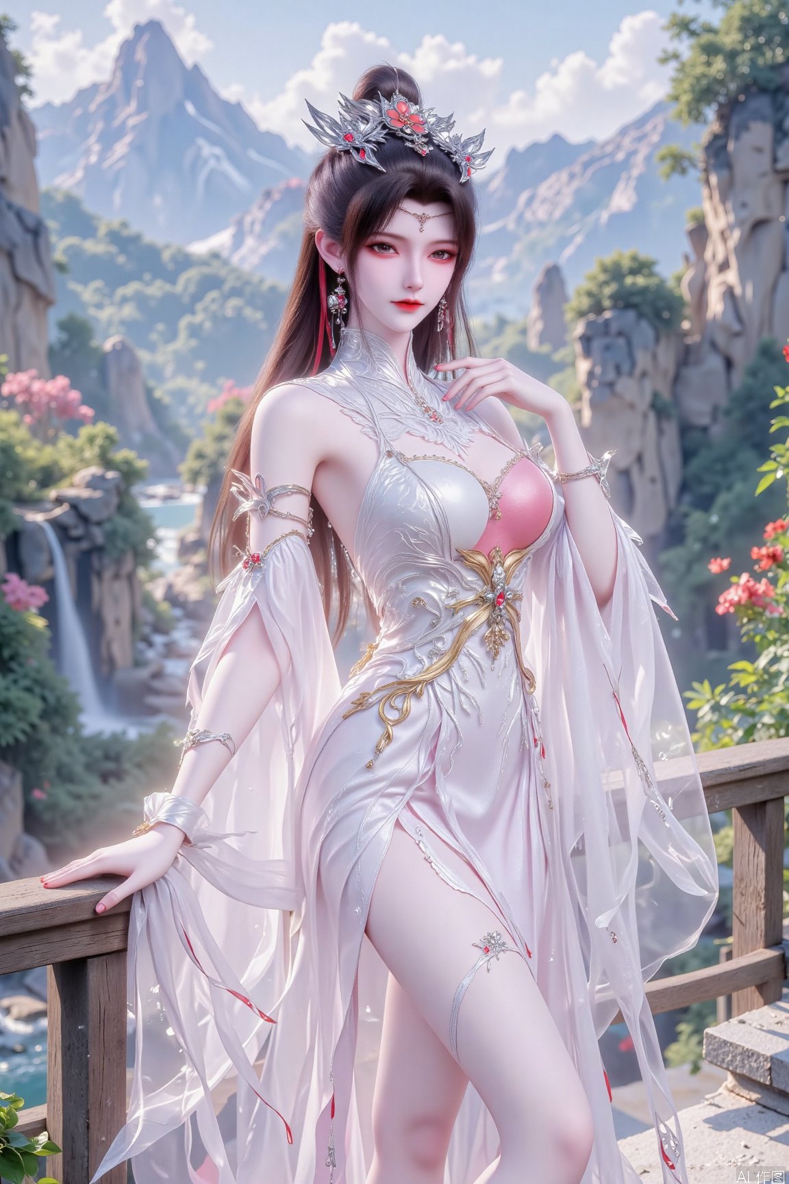A romantic landscape: a young woman stands against the backdrop of a lush valley,  surrounded by majestic mountains,  glis...
