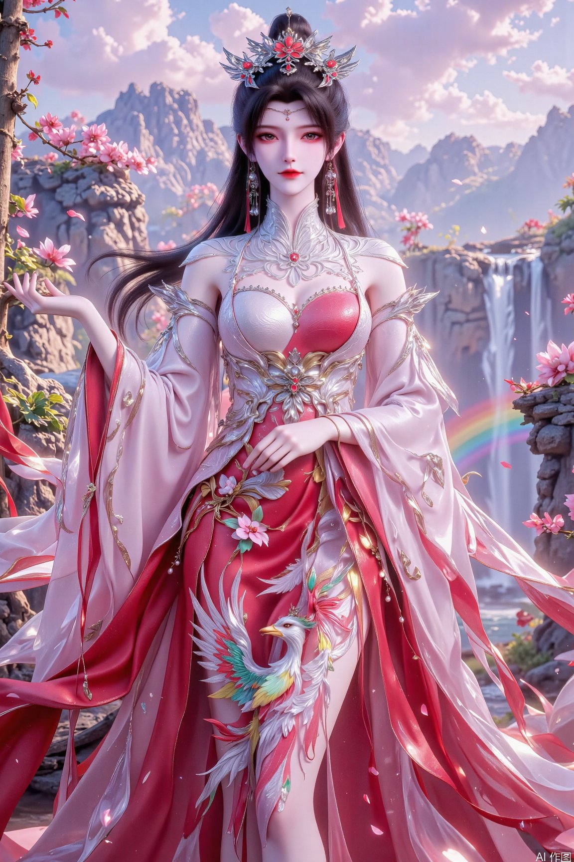 Full body photo of a fairy wearing a beautiful wedding dress. Her skin is better than snow,  her long black hair is loose,...