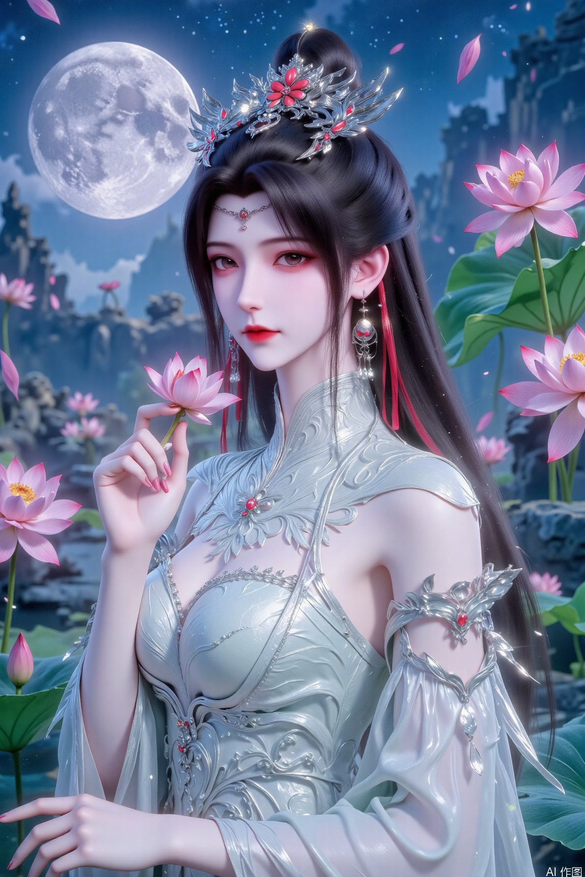Young woman with long black hair,  wearing gorgeous silver headdress,  exquisite decorations between her hair by 吴的小家 on T...
