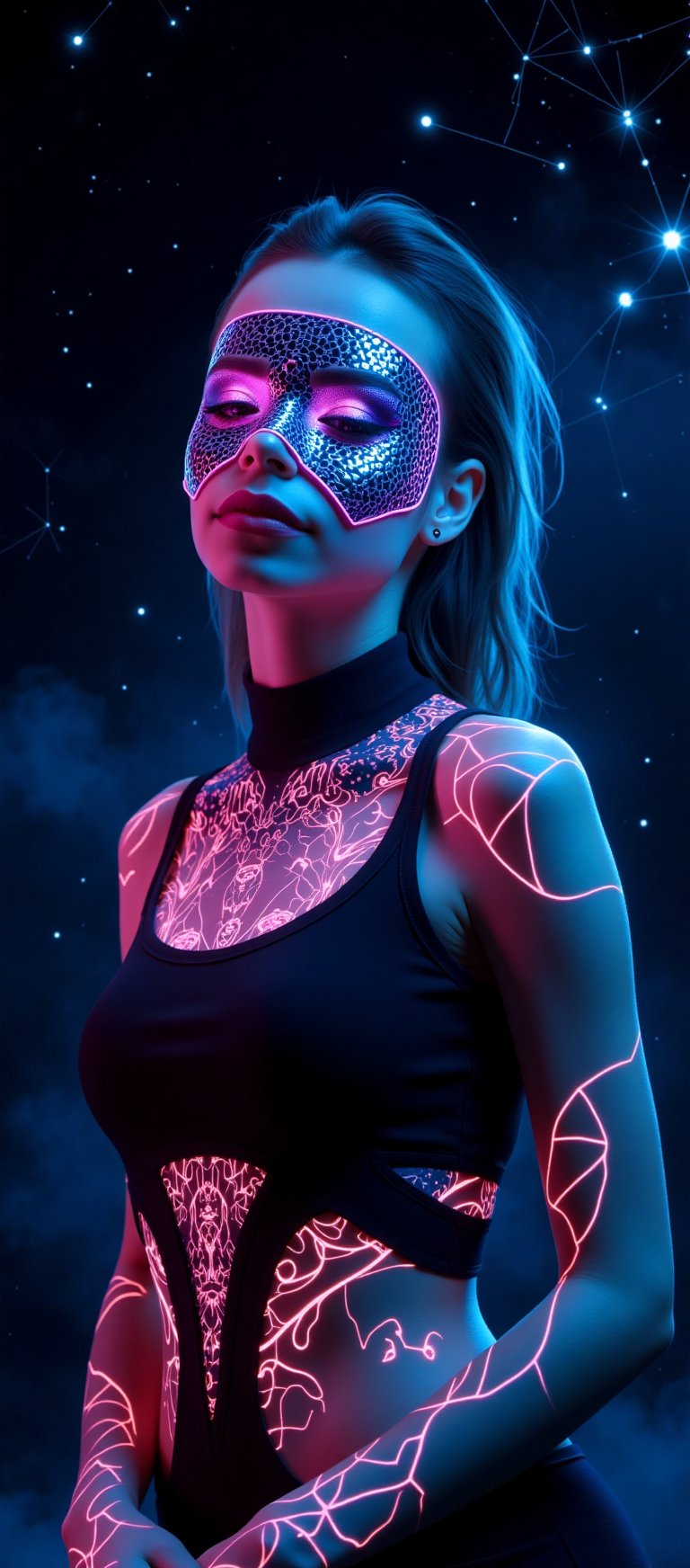 A hyper-realistic portrait of Lesya,  standing in a futuristic,  neon-lit studio. She is dressed in a sleek by AI Luna LM....