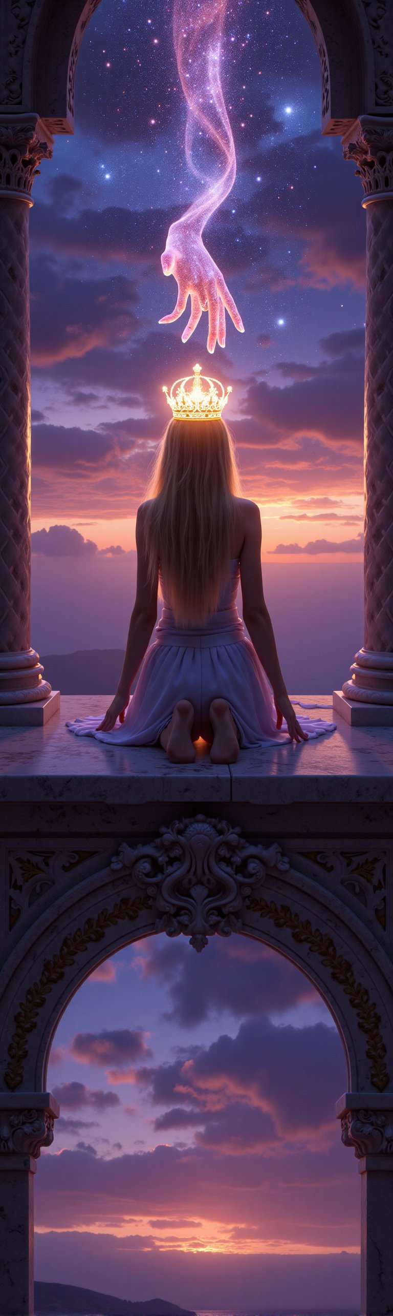 A young woman,  KatDW,  kneels on a vast by AI Luna LM.9✨ on Tensor.Art