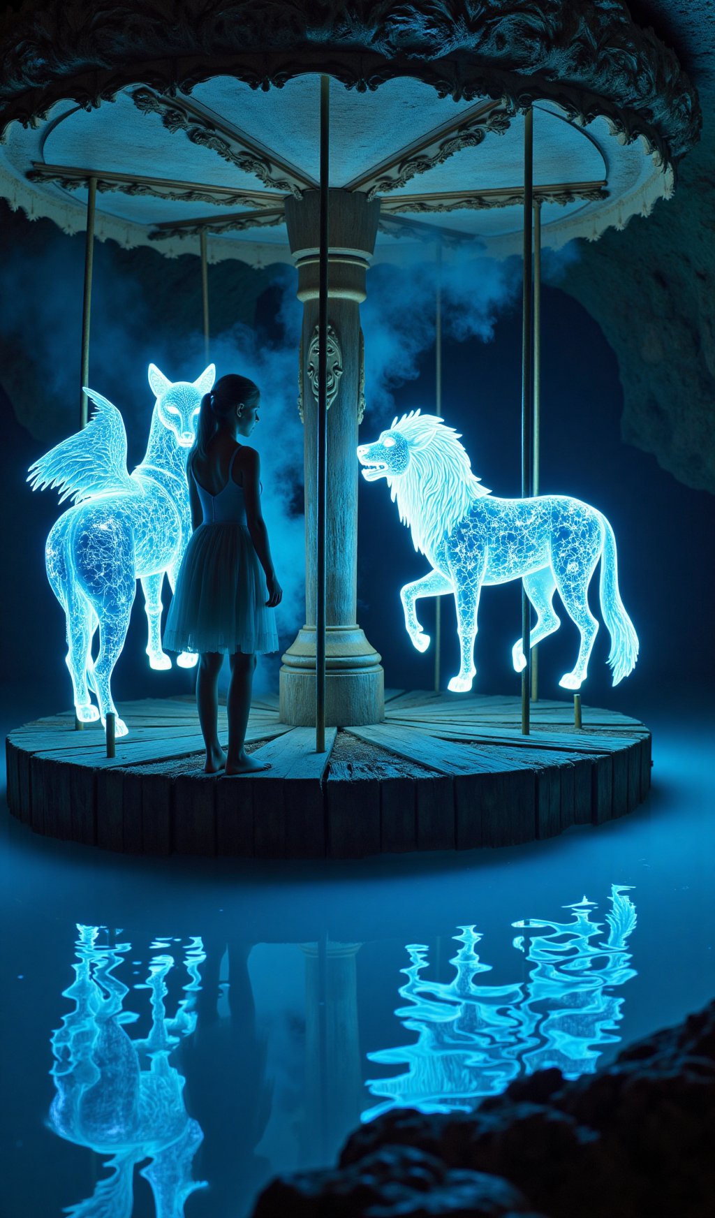 A young woman,  KatDW,  discovers a forgotten carousel half-submerged in a shallow by AI Luna LM.9✨ on Tensor.Art