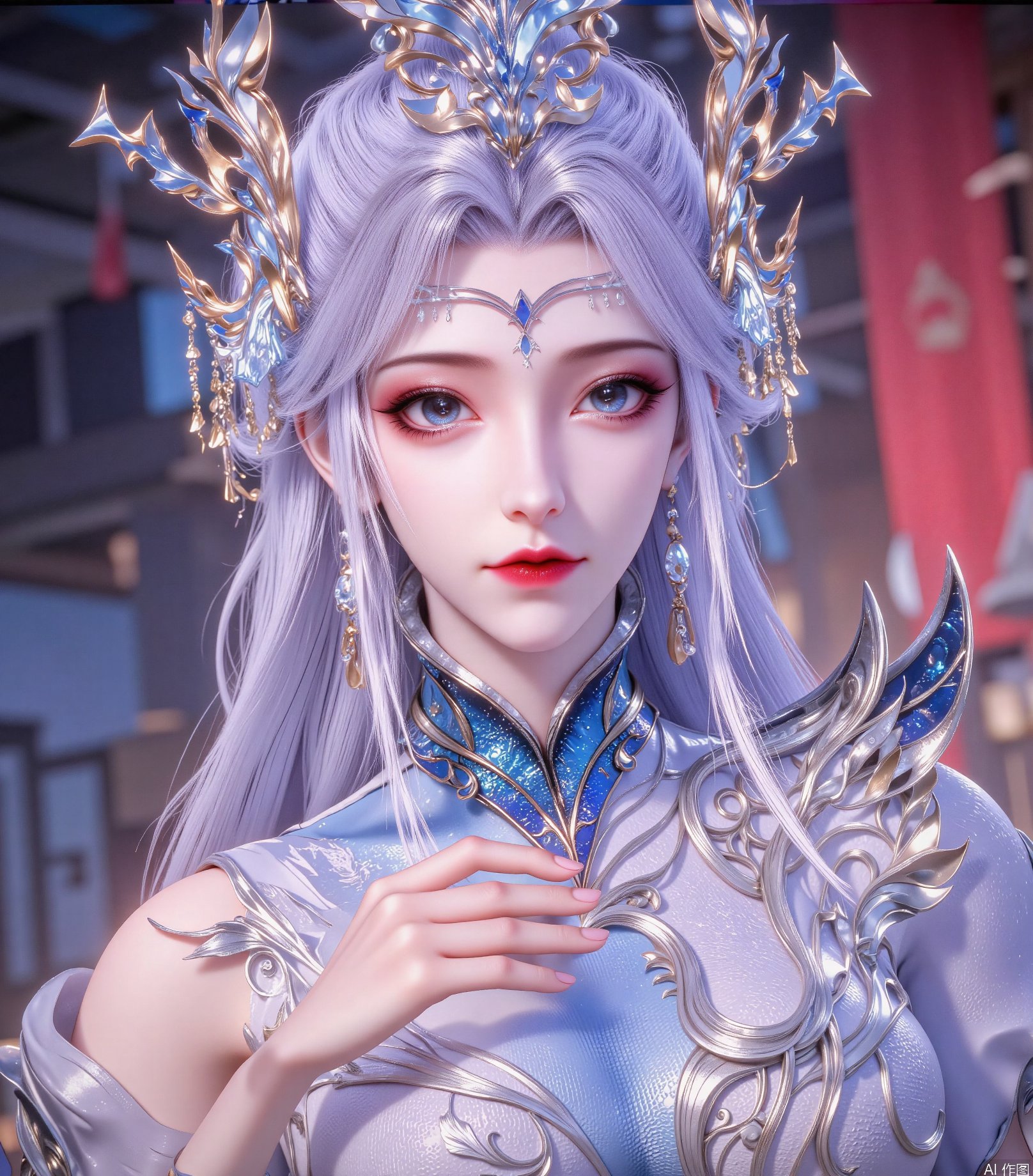 A young woman with long silver-gray hair cascading down her back,  wears a striking headdress of intersecting golden and s...