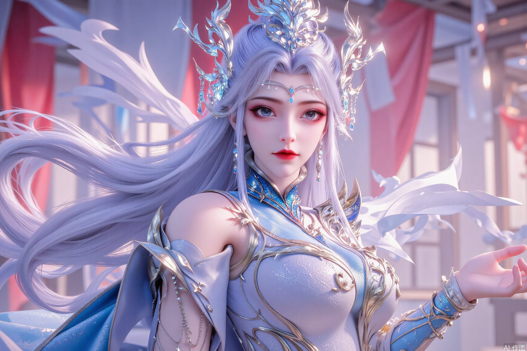 A young woman with long silver-gray hair,  drooping blue eyes,  bright and vivid by 吴的小家 on Tensor.Art