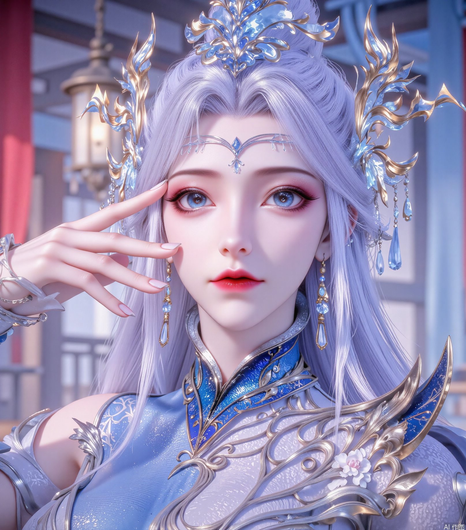 A young woman with long silver-gray hair,  drooping blue eyes,  bright and vivid by 吴的小家 on Tensor.Art