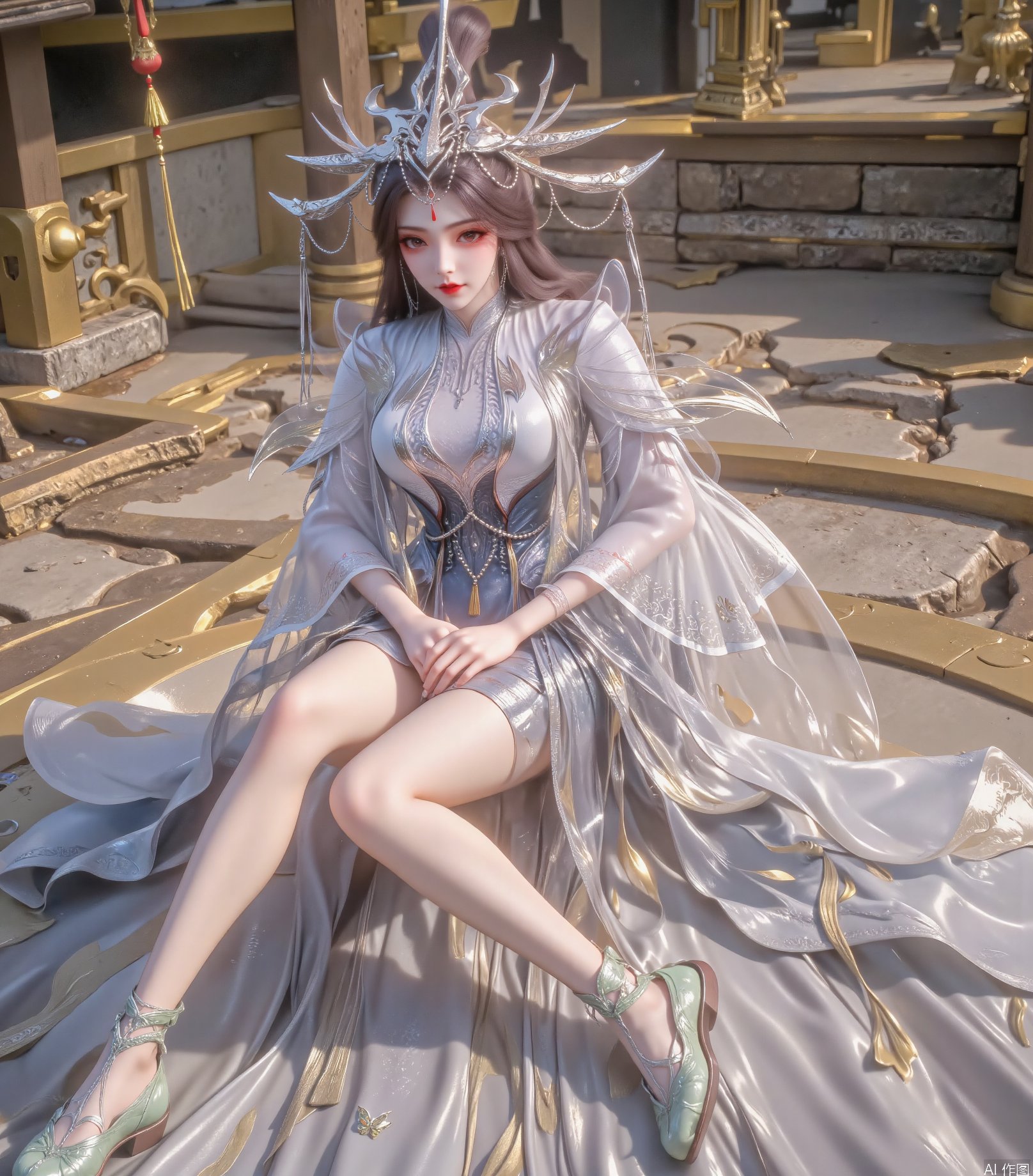 Young woman with long dark brown hair,  gorgeous silver headdress,  decorated with chains and geometric shapes by 吴的小家 on...