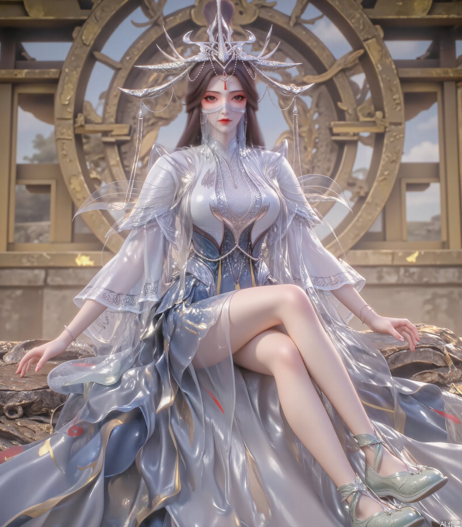 Young woman with long dark brown hair,  gorgeous silver headdress,  decorated with chains and geometric shapes by 吴的小家 on...
