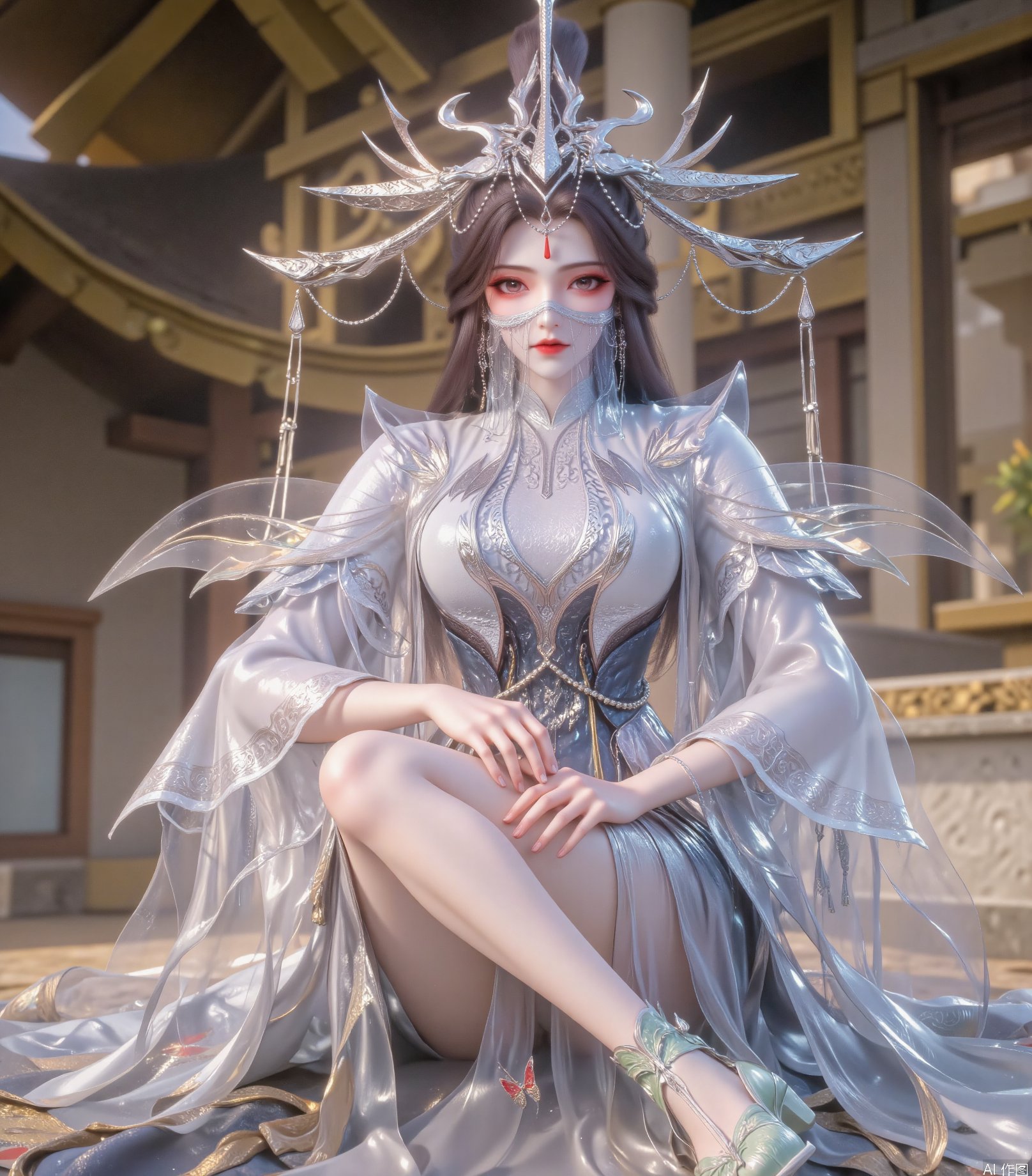 Young woman with long dark brown hair,  gorgeous silver headdress,  decorated with chains and geometric shapes by 吴的小家 on...