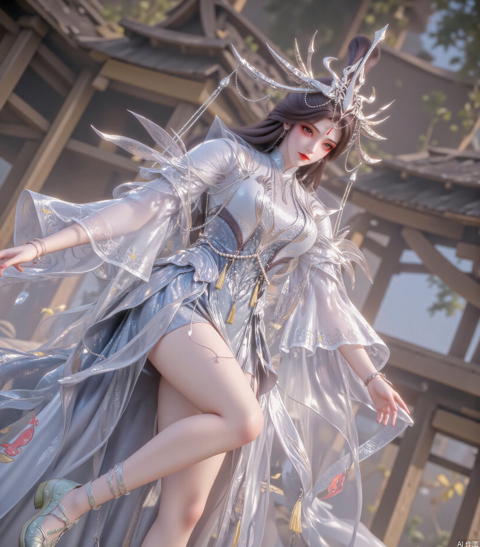 Young woman with long dark brown hair,  gorgeous silver headdress,  decorated with chains and geometric shapes by 吴的小家 on...