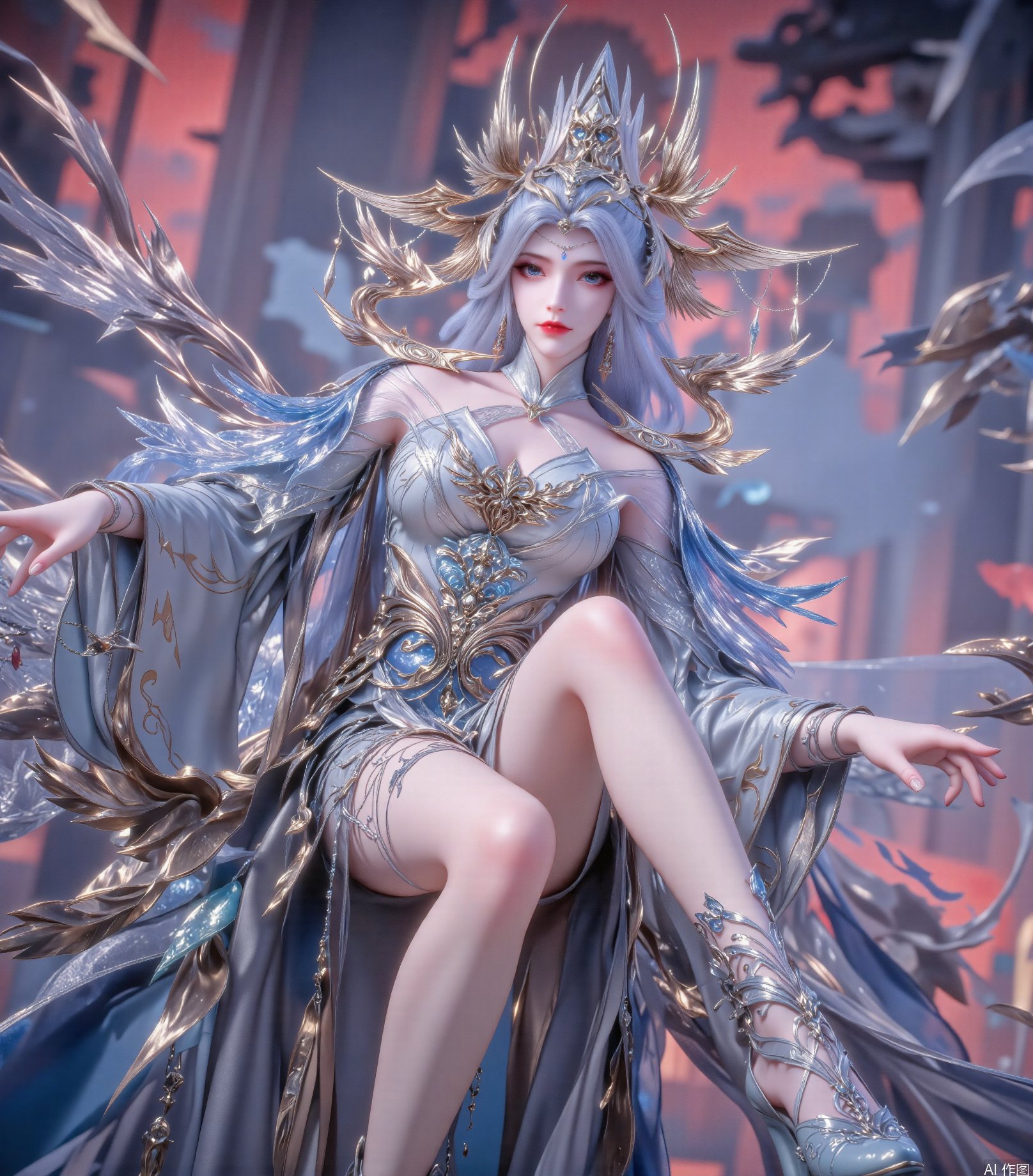 A young woman with long silver-gray hair,  drooping blue eyes,  bright and vivid by 吴的小家 on Tensor.Art