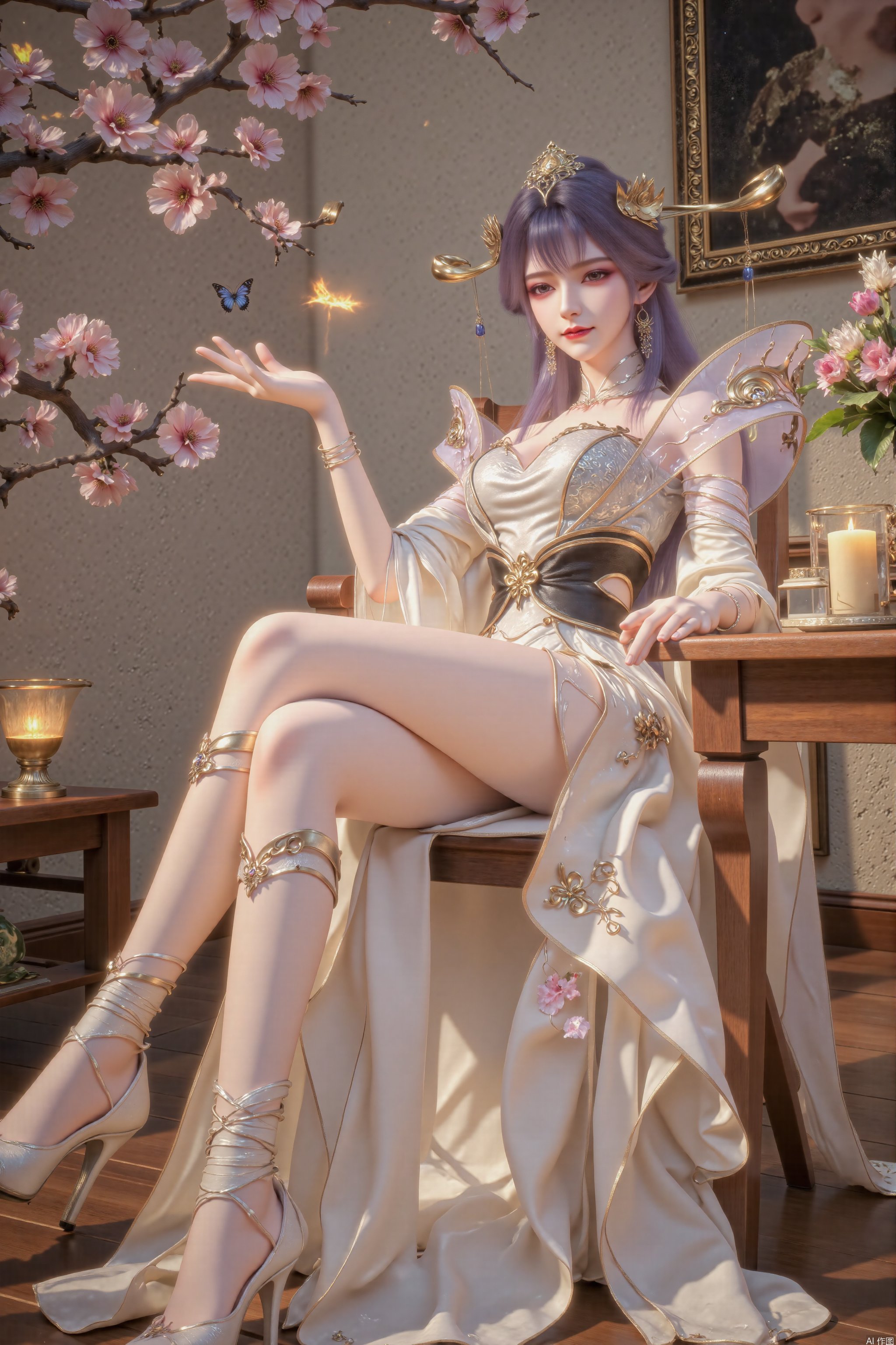 The image depicts a woman seated on a wooden chair with a white,  embroidered,  traditional-style dress. The dress feature...
