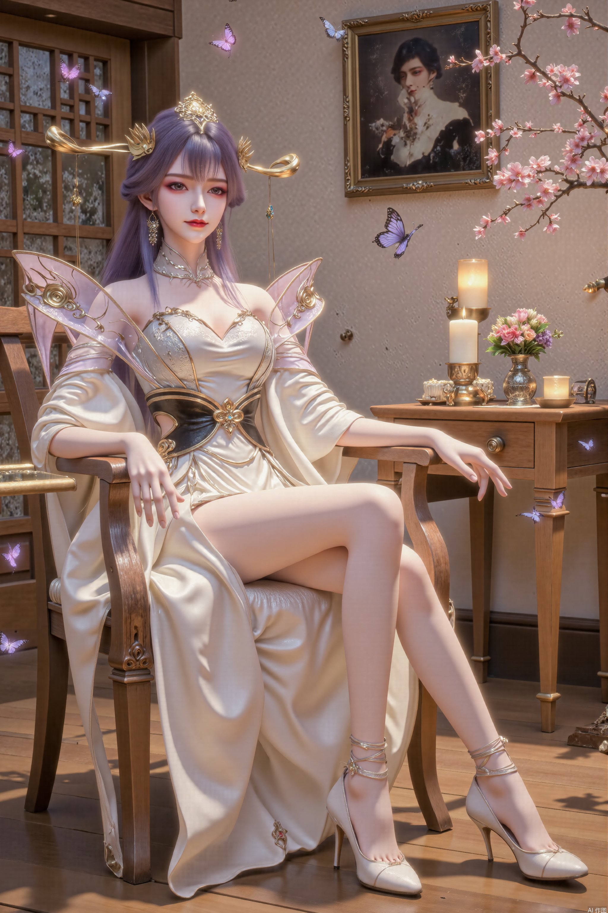The image depicts a woman seated on a wooden chair with a white,  embroidered,  traditional-style dress. The dress feature...
