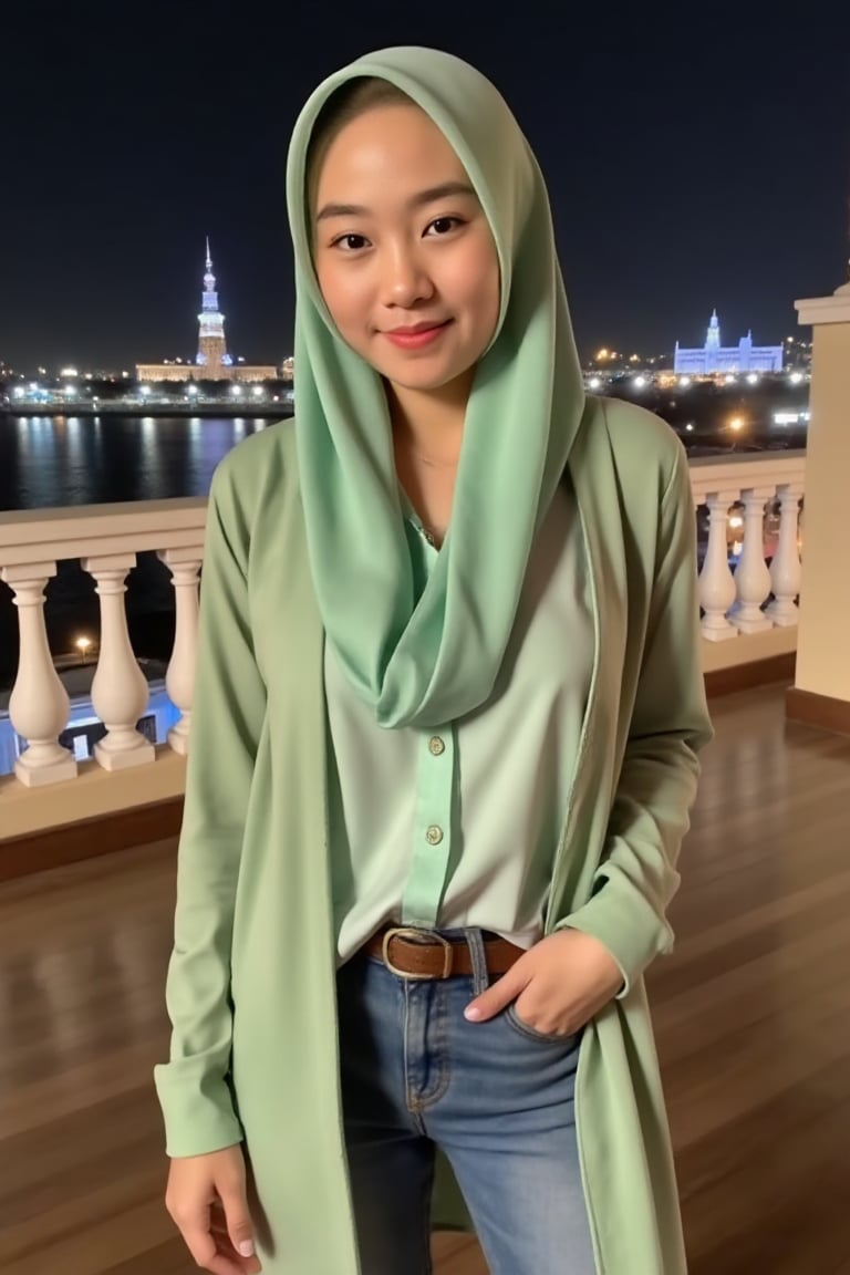 A woman named bila standing in elegant pose,  on the rooftop of a luxurious hotel with charming decorations and the twinkl...