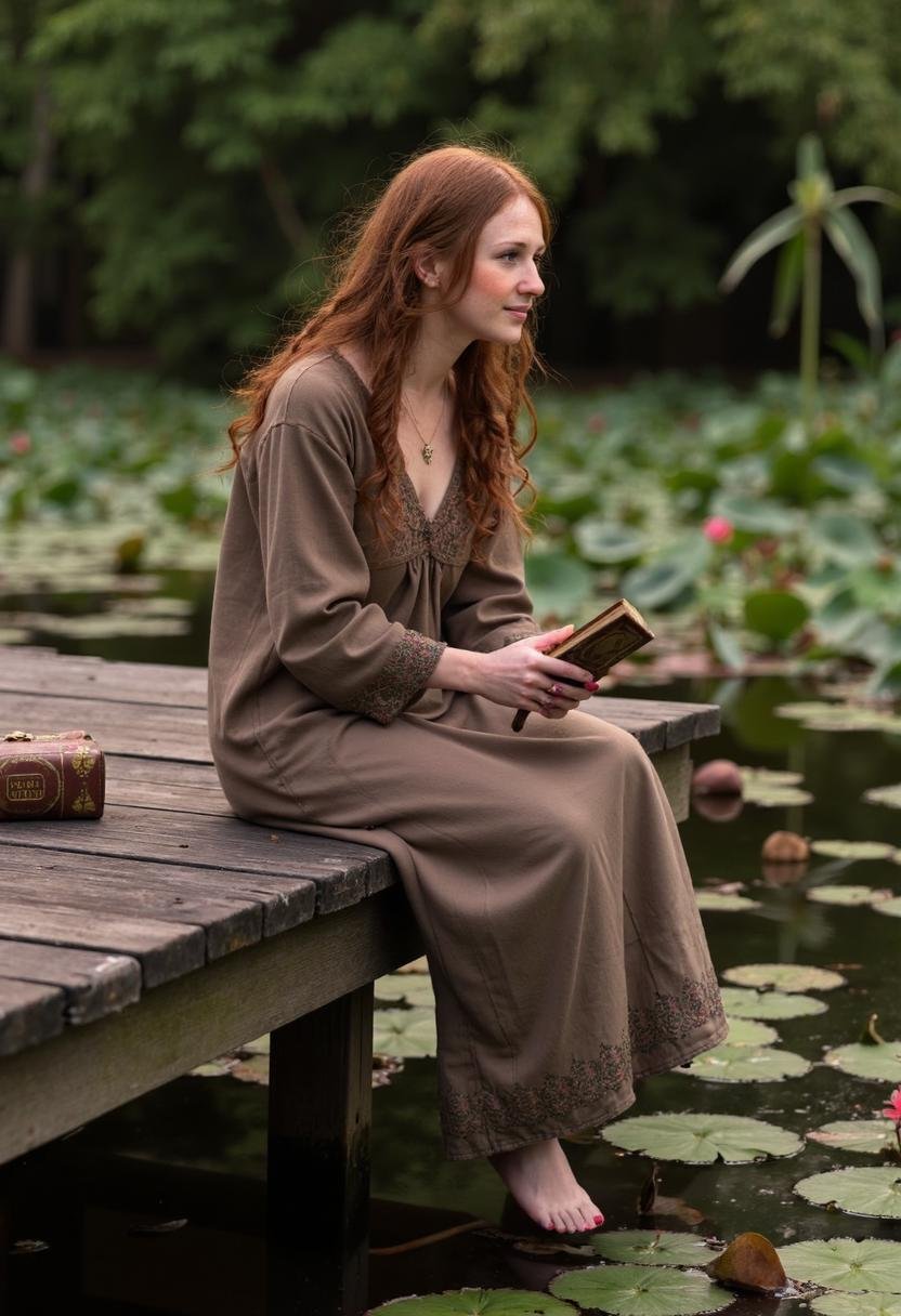 Ava Adore sits atop a weathered,  rustic wooden dock at dusk,  surrounded by lush greenery and vibrant water lilies; she w...