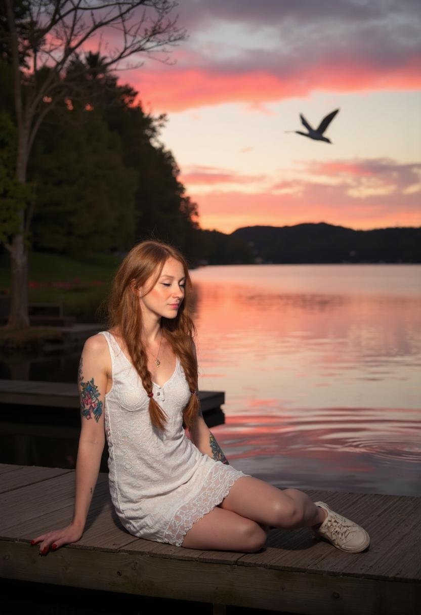 Ava Adore sits comfortably on a weathered wooden dock at dusk,  surrounded by tall trees with gnarled branches that stretc...