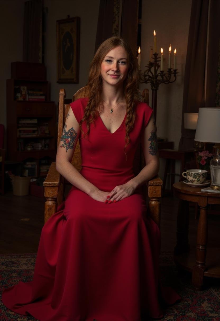 Ava Adore sits regally atop a worn,  cedar wood throne,  its intricate carvings contrasting with the simplicity of her flo...