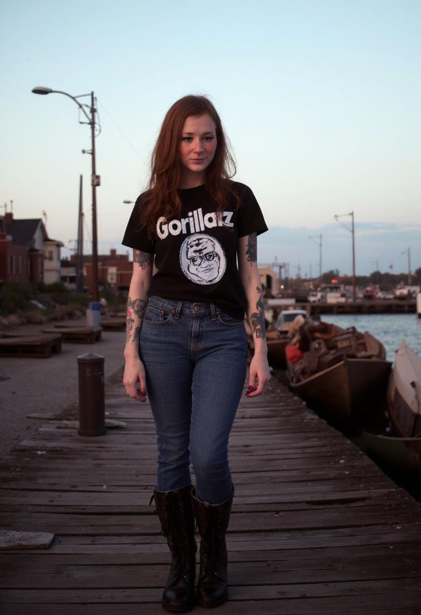 Ava's gaze is cast downward,  her full lips pursed slightly as she stands alone on the weathered wooden dock at dusk. Her...