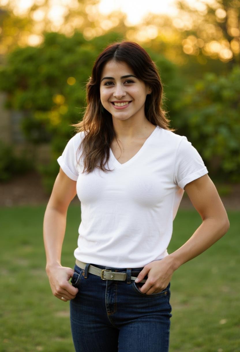 Mia Valentine,  dressed in dark blue jeans and a white t-shirt,  stands confidently with one hand in her pocket and the ot...