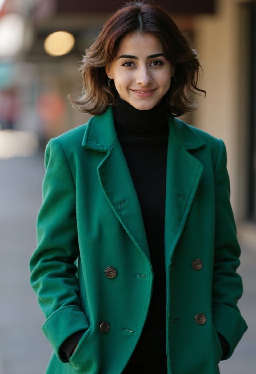 Mia Valentine stands confidently in a tailored emerald green wool coat,  搭配一顶﷿线贝雷帽和小巧的围巾,  增添冬日风情。背景是模糊的都市天际线 by cornholio...