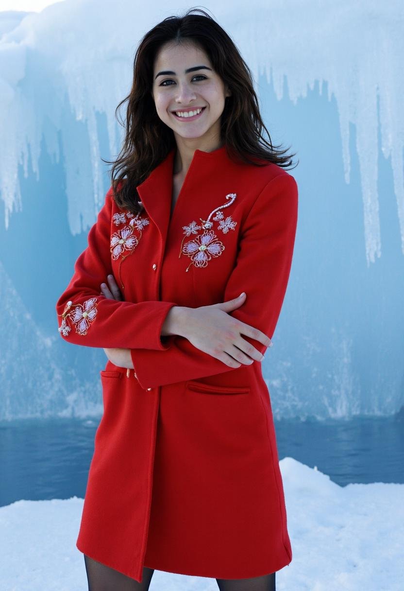 Mia Valentine,  dressed in a form-fitting red coat with intricate white embroideries,  stands with one arm folded casually...