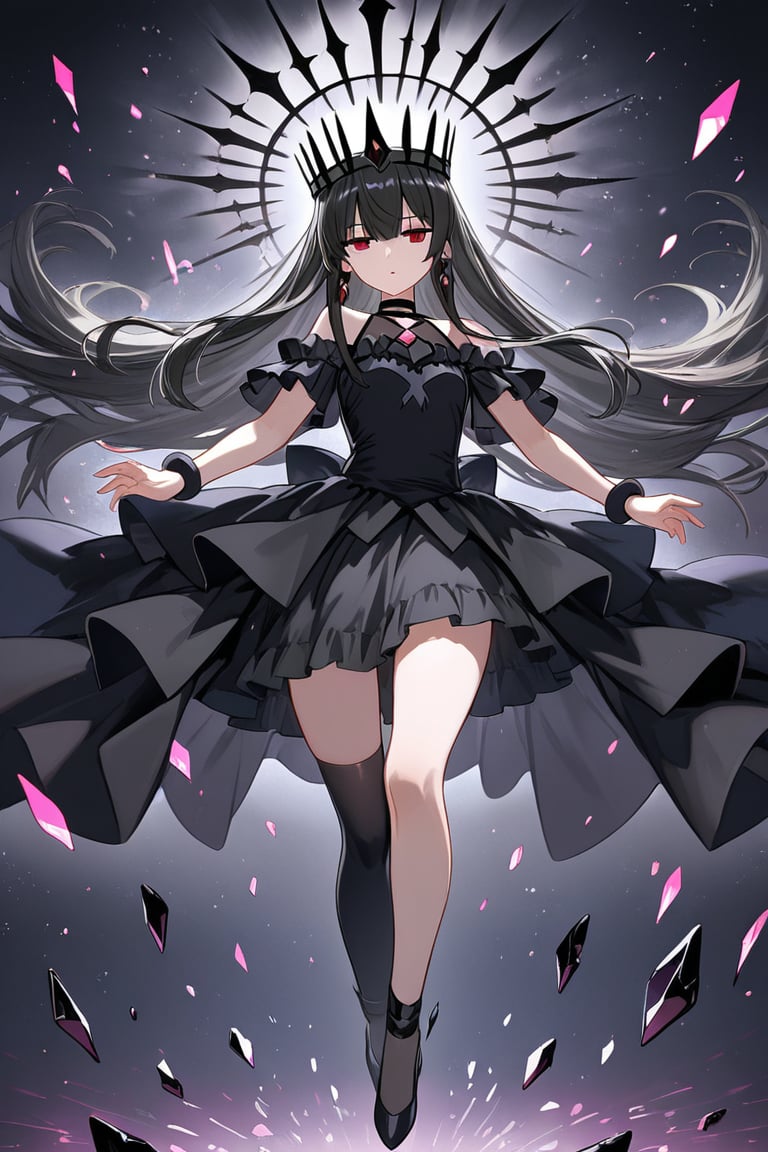 Dark magical girl in obsidian crown and black dress,  surrounded by floating shards by lumireon  on Tensor.Art
