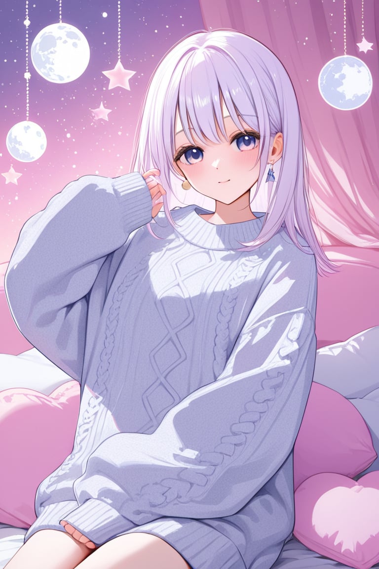 "Soft girl in oversized sweater with moons on sleeves,  dreamy winter bedroom by lumireon  on Tensor.Art