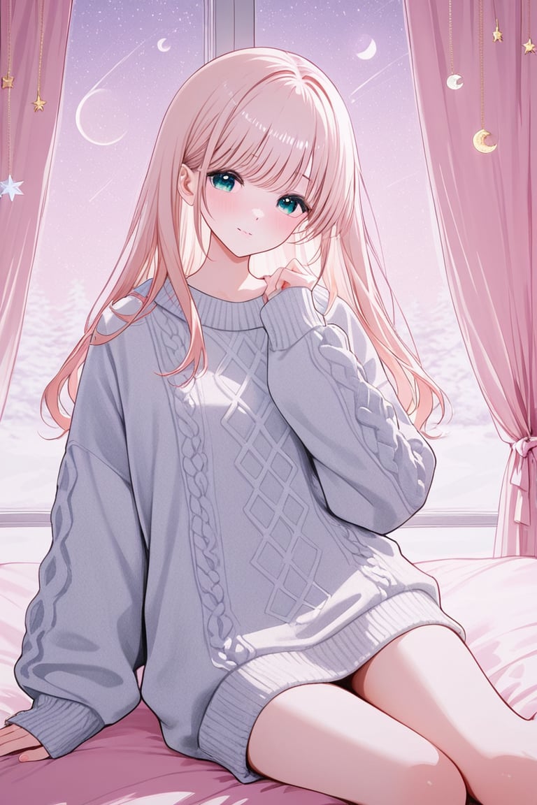 "Soft girl in oversized sweater with moons on sleeves,  dreamy winter bedroom by lumireon  on Tensor.Art