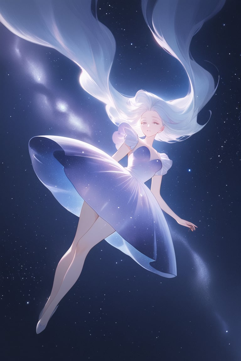 Ethereal girl floating in space dress made of stardust,  dreamy and serene expression by solantra  on Tensor.Art