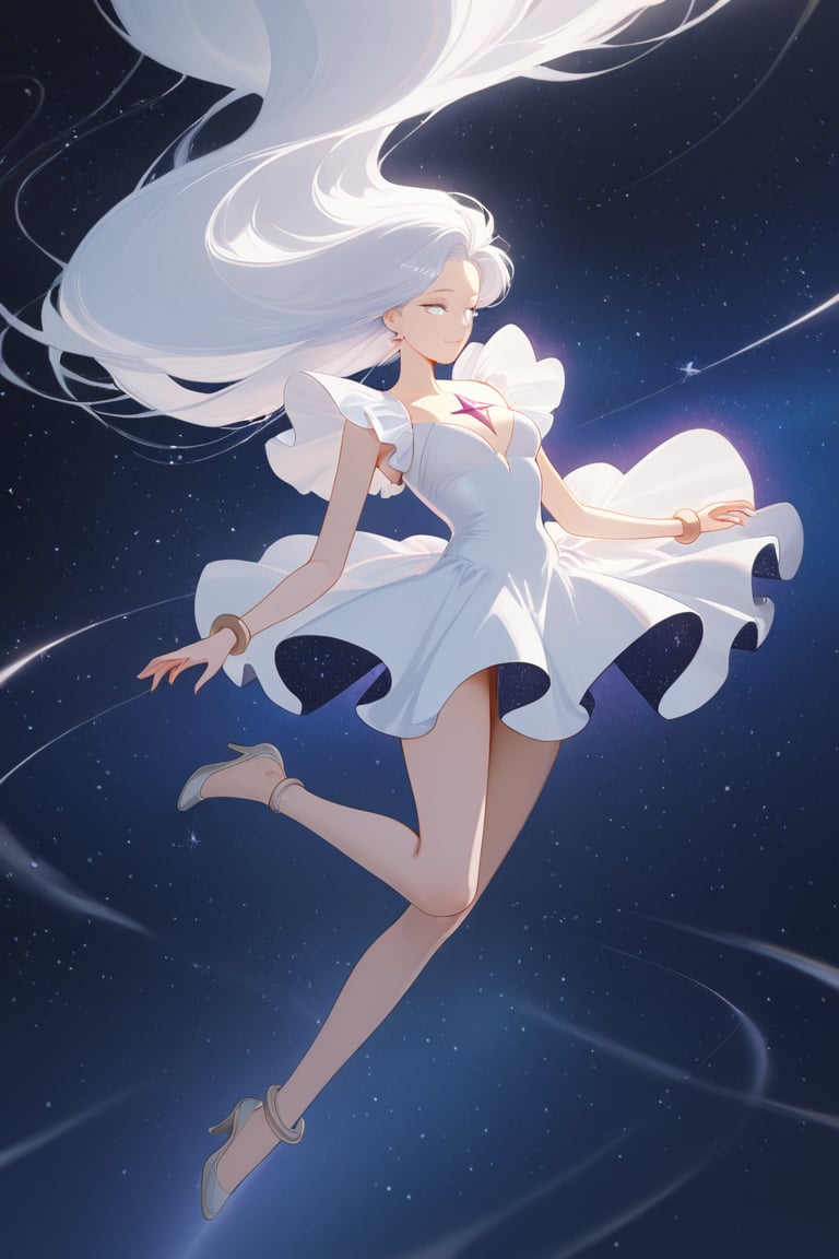 Ethereal girl floating in space dress made of stardust,  dreamy and serene expression by solantra  on Tensor.Art