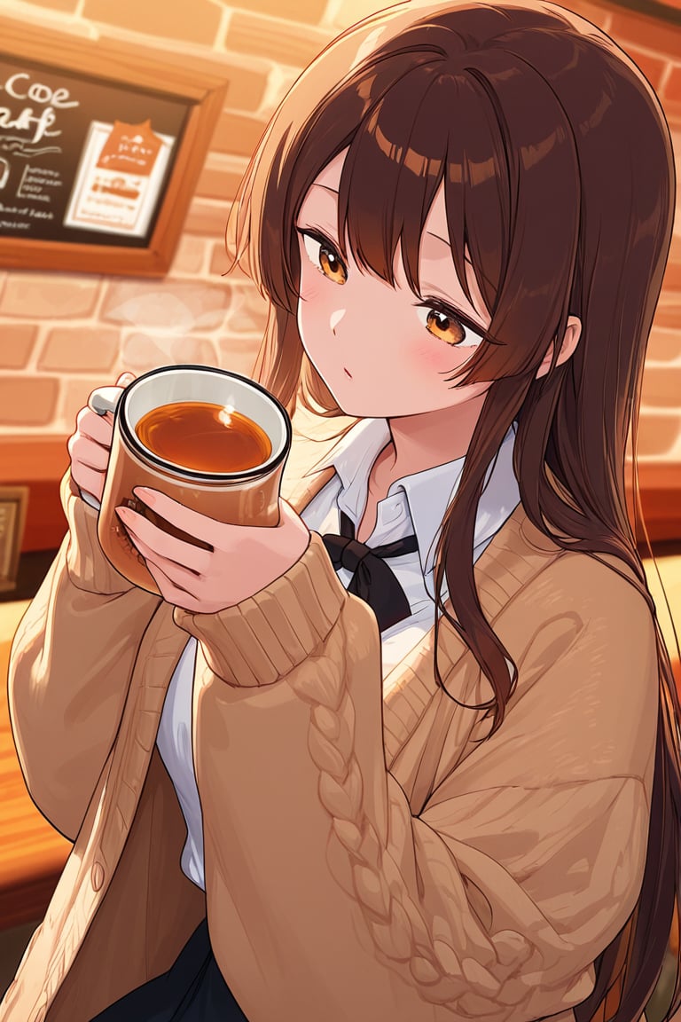 Warm-colored anime girl in oversized cardigan and holding spiced tea,  cozy café background by solantra  on Tensor.Art