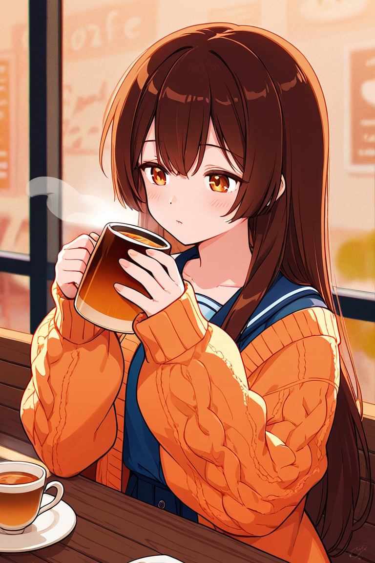 Warm-colored anime girl in oversized cardigan and holding spiced tea,  cozy café background by solantra  on Tensor.Art