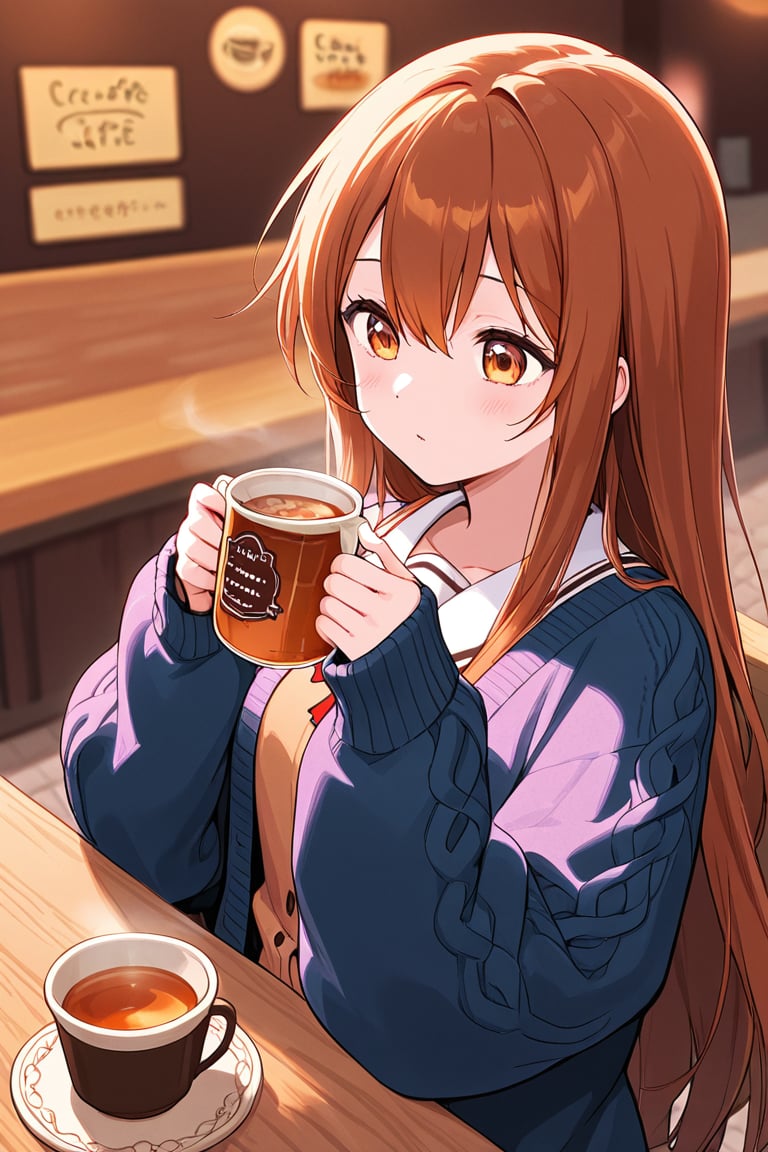 Warm-colored anime girl in oversized cardigan and holding spiced tea,  cozy café background by solantra  on Tensor.Art