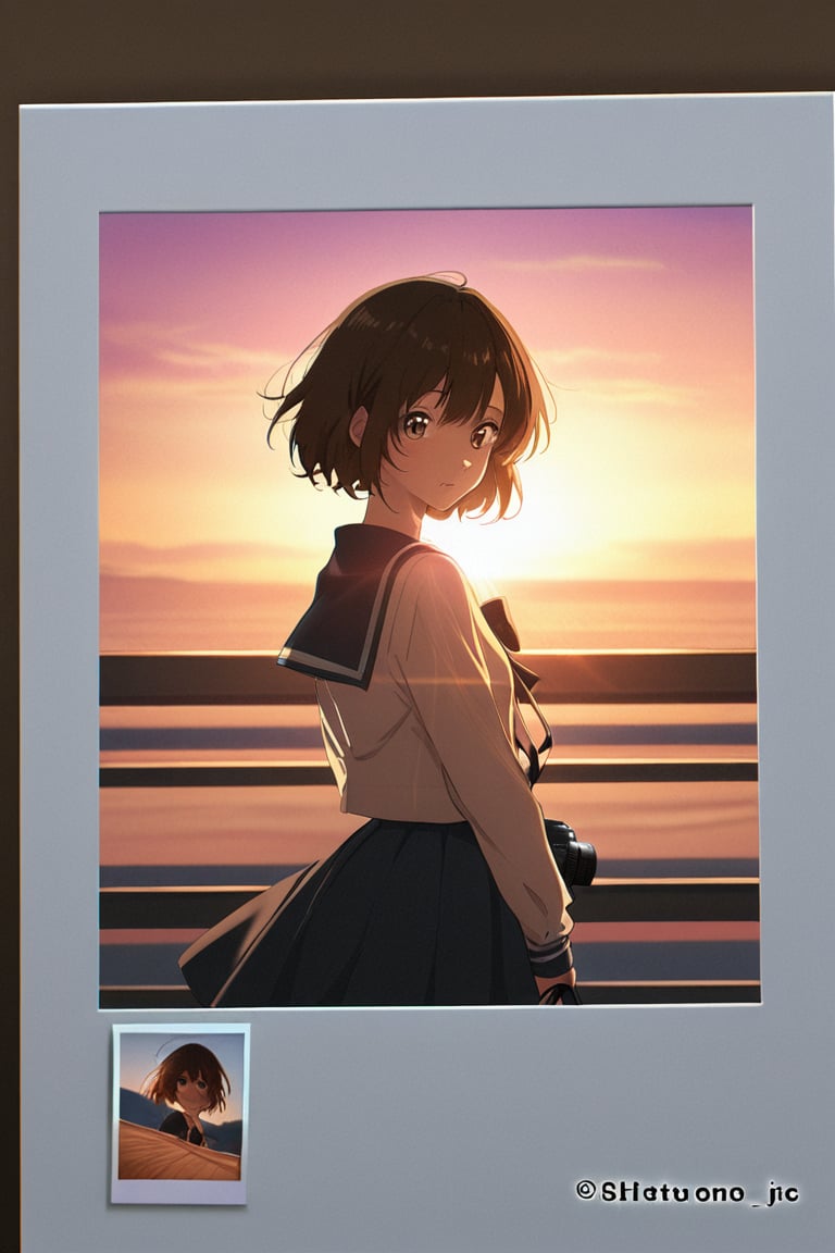 Anime girl with camera surrounded by flying polaroid photos,  soft sunset filter effect by solantra  on Tensor.Art