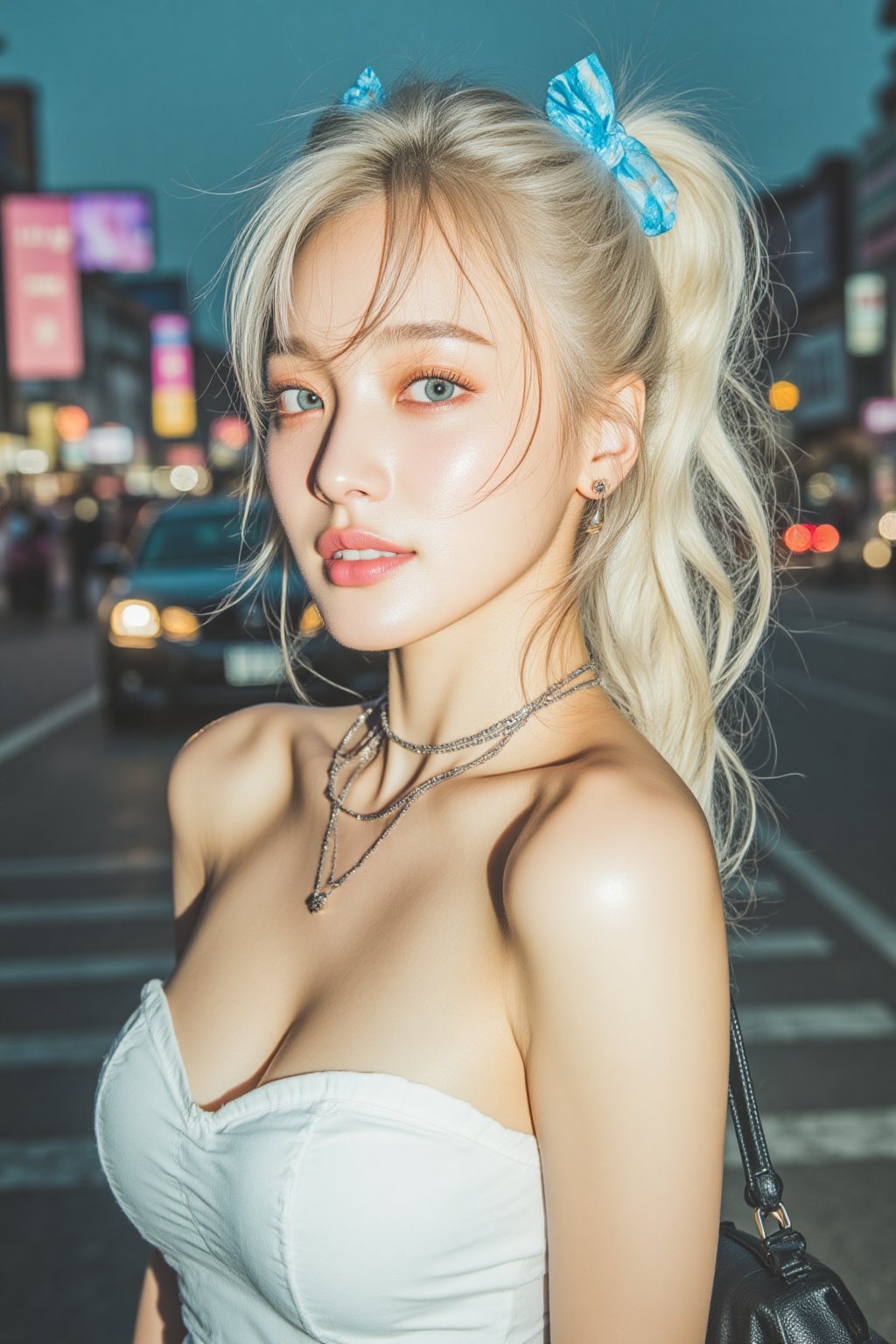 The image depicts a highly detailed,  anime-style character with long,  platinum blonde hair tied into two ponytails with...