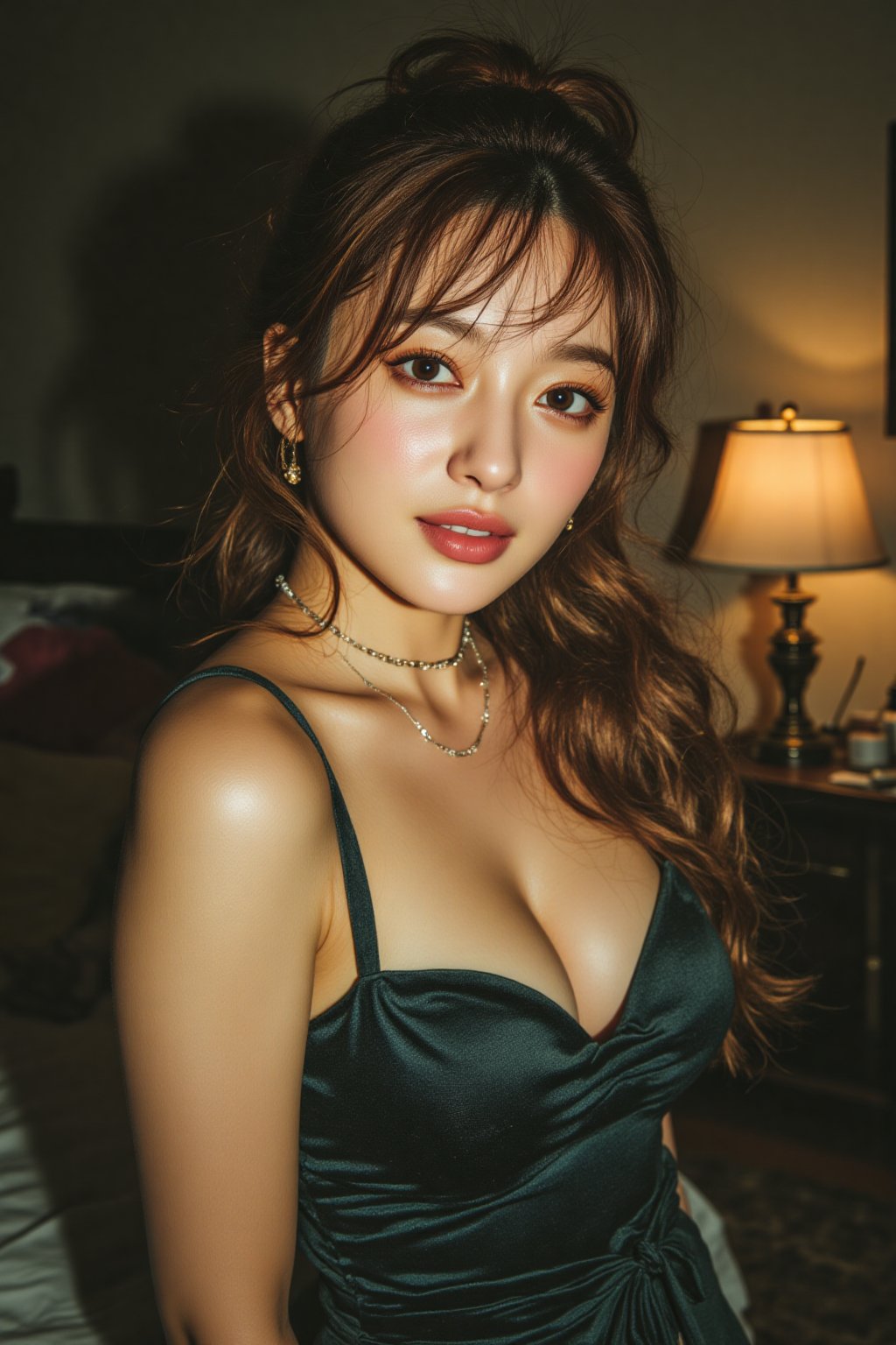 A young girl with an enormous bosom stands confidently in a dimly lit room,  her chestnut hair cascading down her back lik...