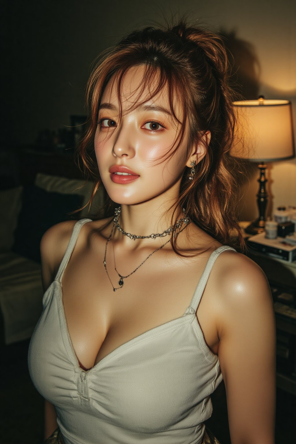 A young girl with an enormous bosom stands confidently in a dimly lit room,  her chestnut hair cascading down her back lik...