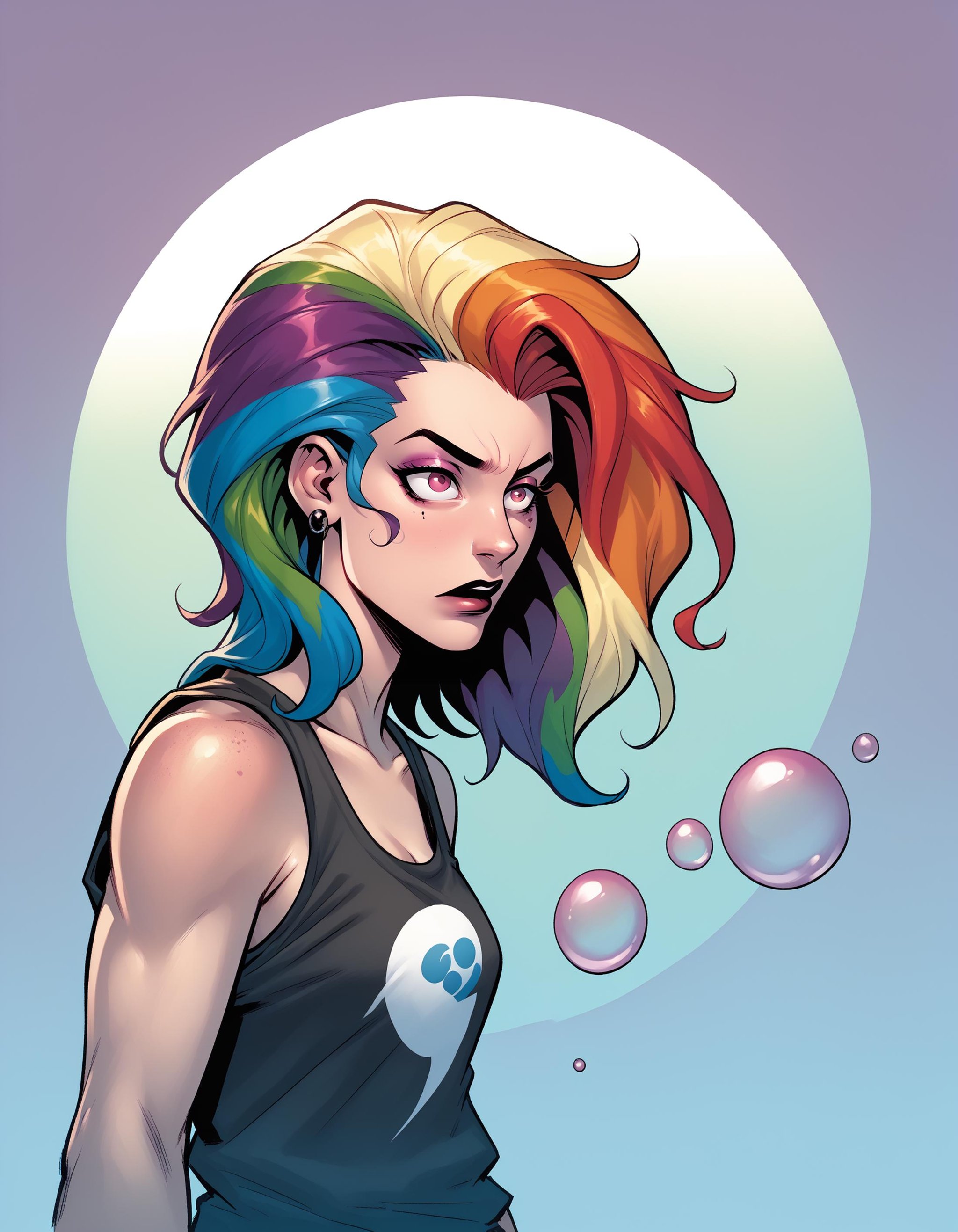 Ringo! Style,  drunken beautiful woman as delirium from sandman,  (hallucinating colorful soap bubbles) by Collapsed_Dream...