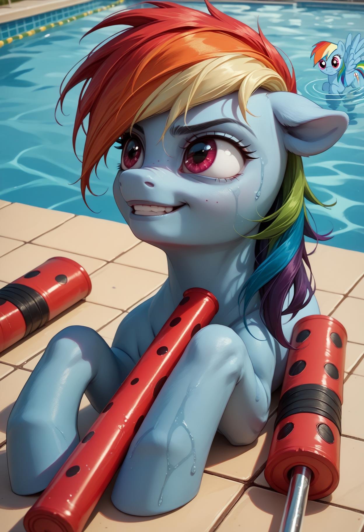 PonyXLV6_Scores deadpool laying face down in a swimming pool,  source_pony,  rainbow dash beating deadpool with a plastic...
